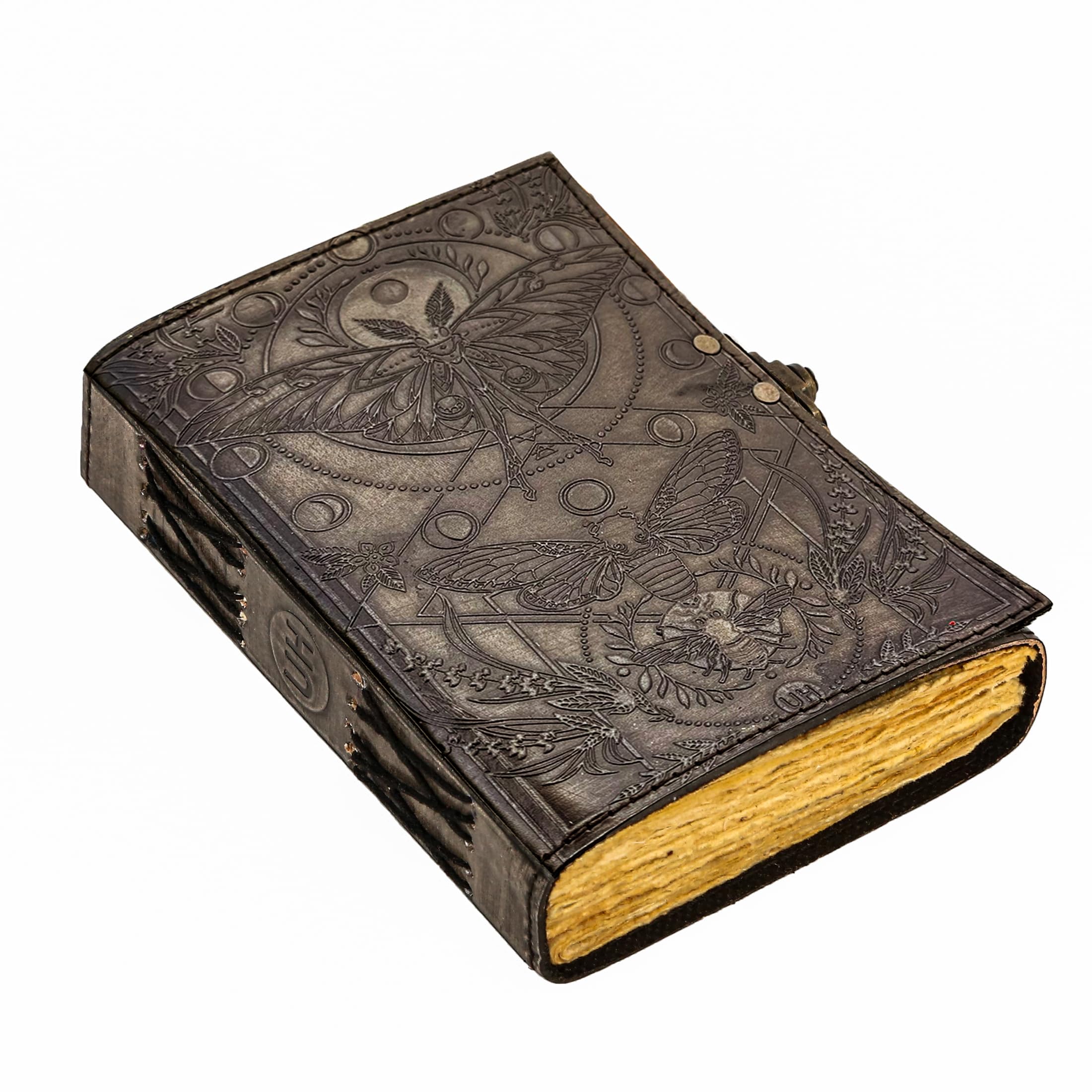 Blank Spell Book of Shadows Journal with Lock Clasp Vintage Handmade Leather Luna Moths and Morpho Butterfly Embossed Diary Prayer Pagan Witchcraft