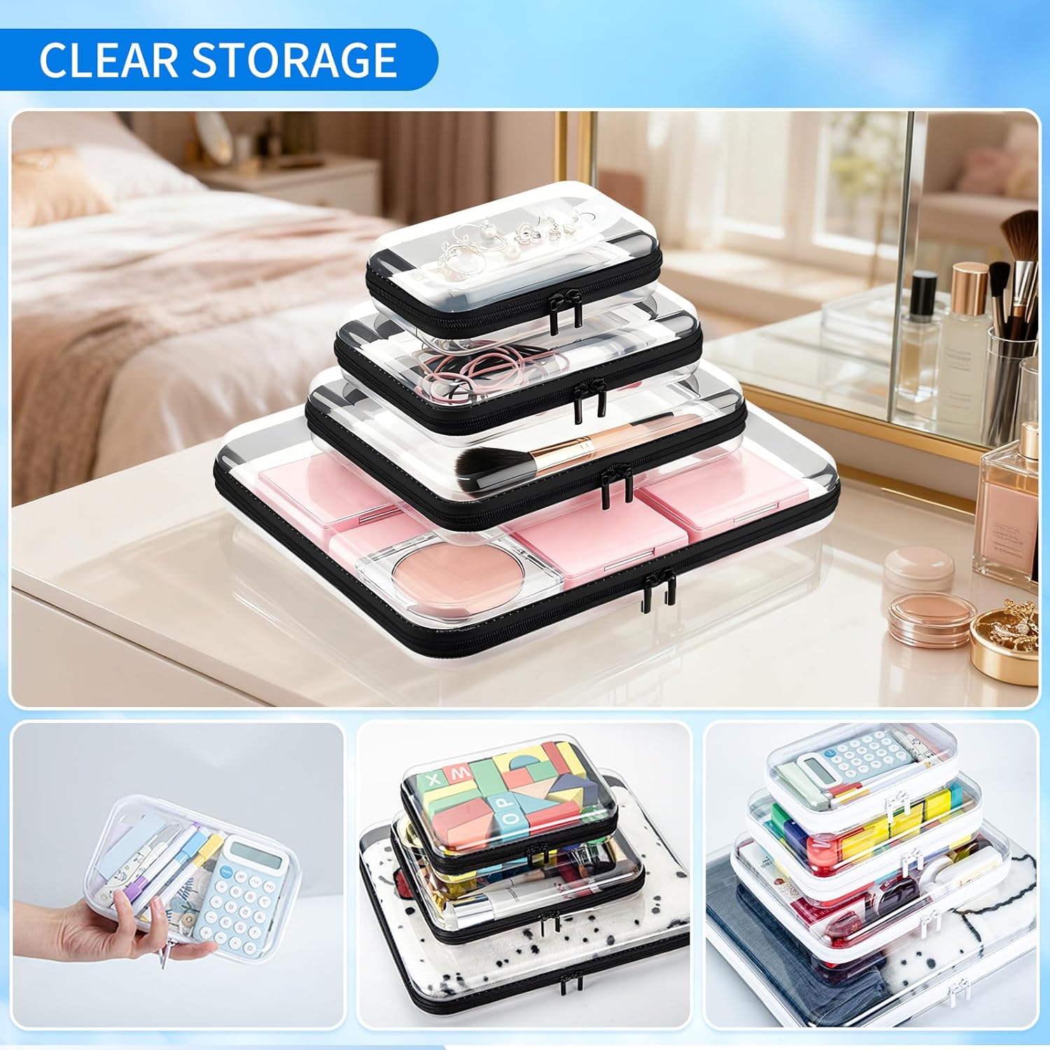 Clear PET Plastic Storage Boxes with Double Zippers, 4 Sizes (S/M/L/XL) Waterproof Organizer Cases for Toys, Cosmetics, Snacks, Travel Essentials (Black)