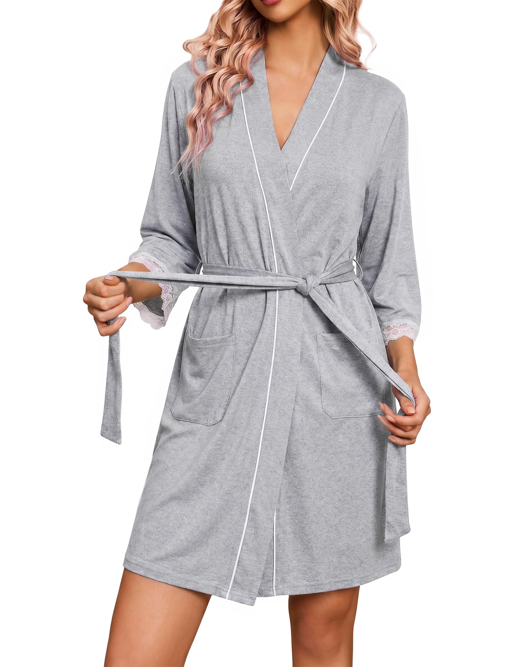 Morgenmantel Damen Baumwolle Kimono Bademäntel Kurz Gürtel 3/4 Ärmel Spitzenbesatz mit Taschen Nachtwäsche Robe für Zuhause Urlaub Spa
