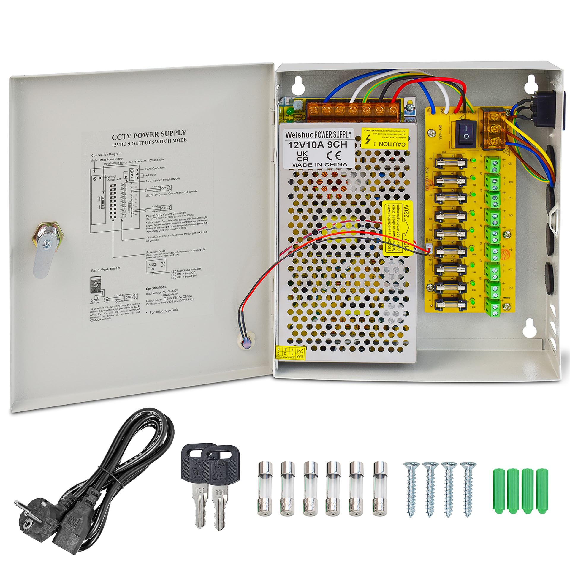 12 V 10 A 120 W Obudowa Zasilania CCTV 9-Kanałowe Wyjście, Zasilacz Sieciowy z Gniazdem AC, Skrzynka Zasilająca do Kamer Monitoringu, Rejestratorów DVR i Taśm LED