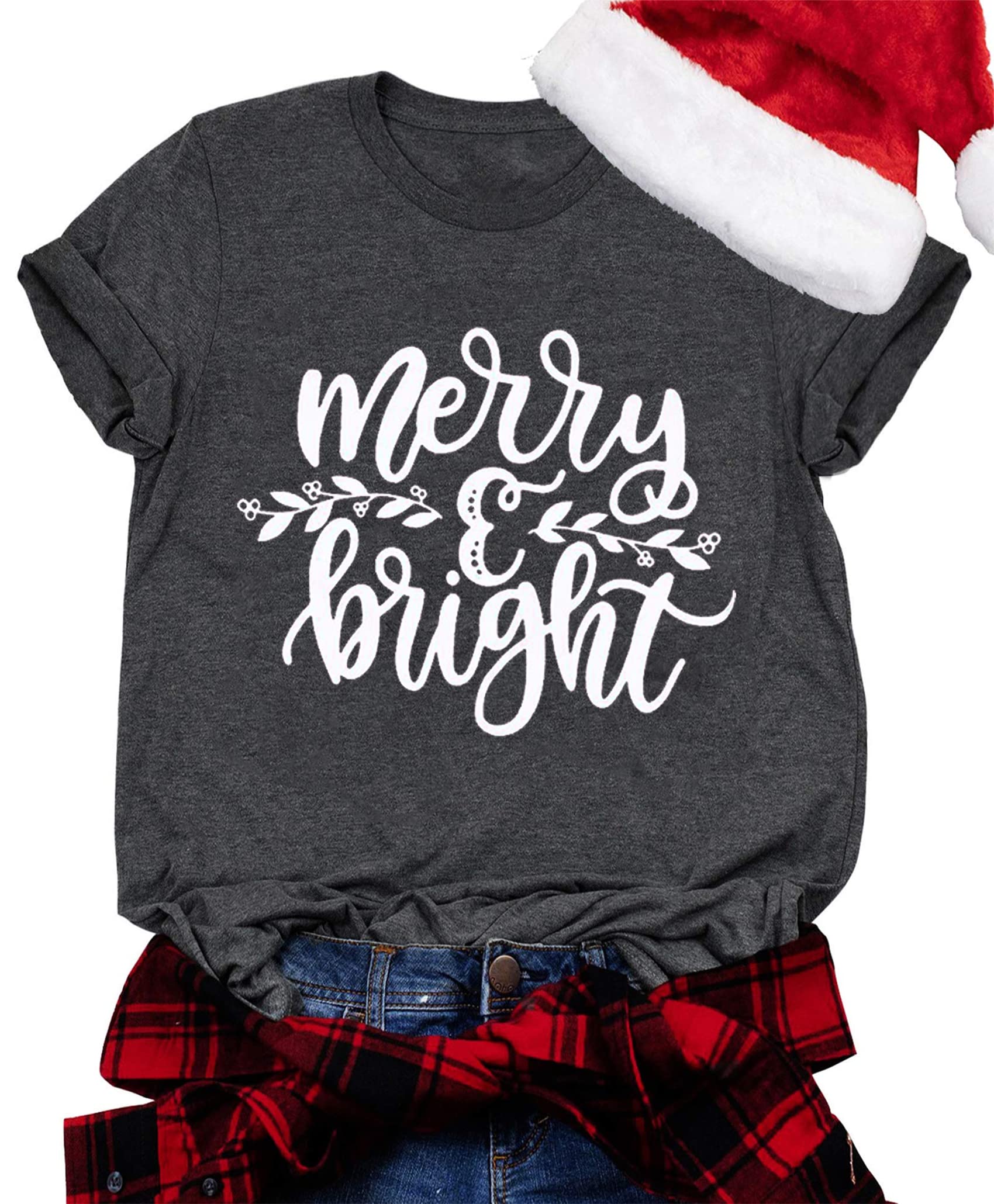 Christmas Shirt Women Merry and Bright Letter Print Tops Tee Casual Short Sleeve Holiday Shirts Top