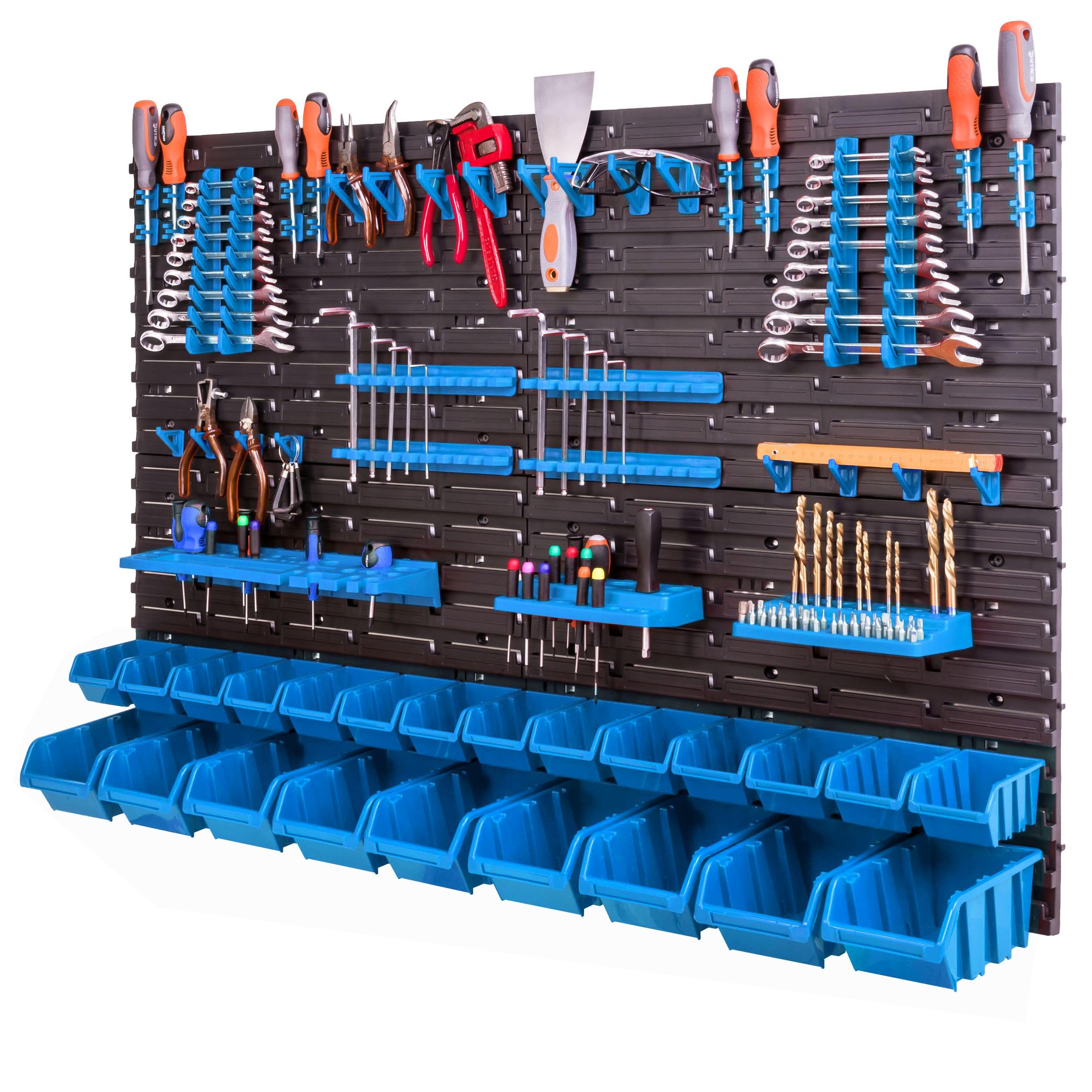 Wall Shelf for Tools, 115 x 78 cm, 23 Stacking Boxes, Tool Holder, Plastic, Organisation and Order in Garage and Workshop, Storage of Tools, Workbench Storage System, Blue