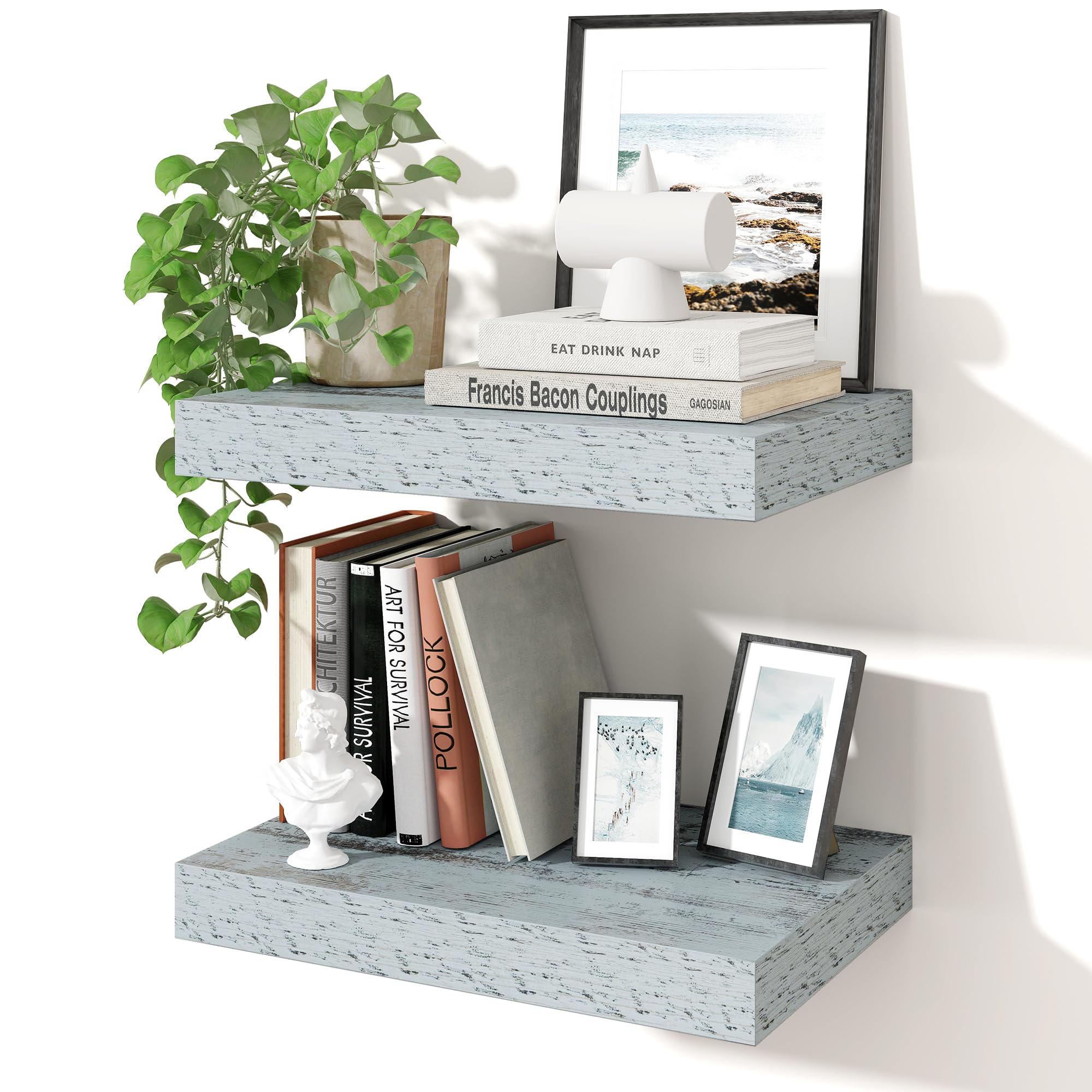 Axeman 16Inch Floating Shelves for Wall, 2 Pack Shelves for Bedroom, Bathroom, Kitchen, Hanging Wall Mounted Rustic Wood Shelf with Invisible Brackets