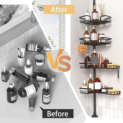 Miniatura 9 de Organizador de ducha con poste de tensión de 5x estabilidad, organizador de ducha ajustable de piso a techo, estantes de barra de tensión de ducha