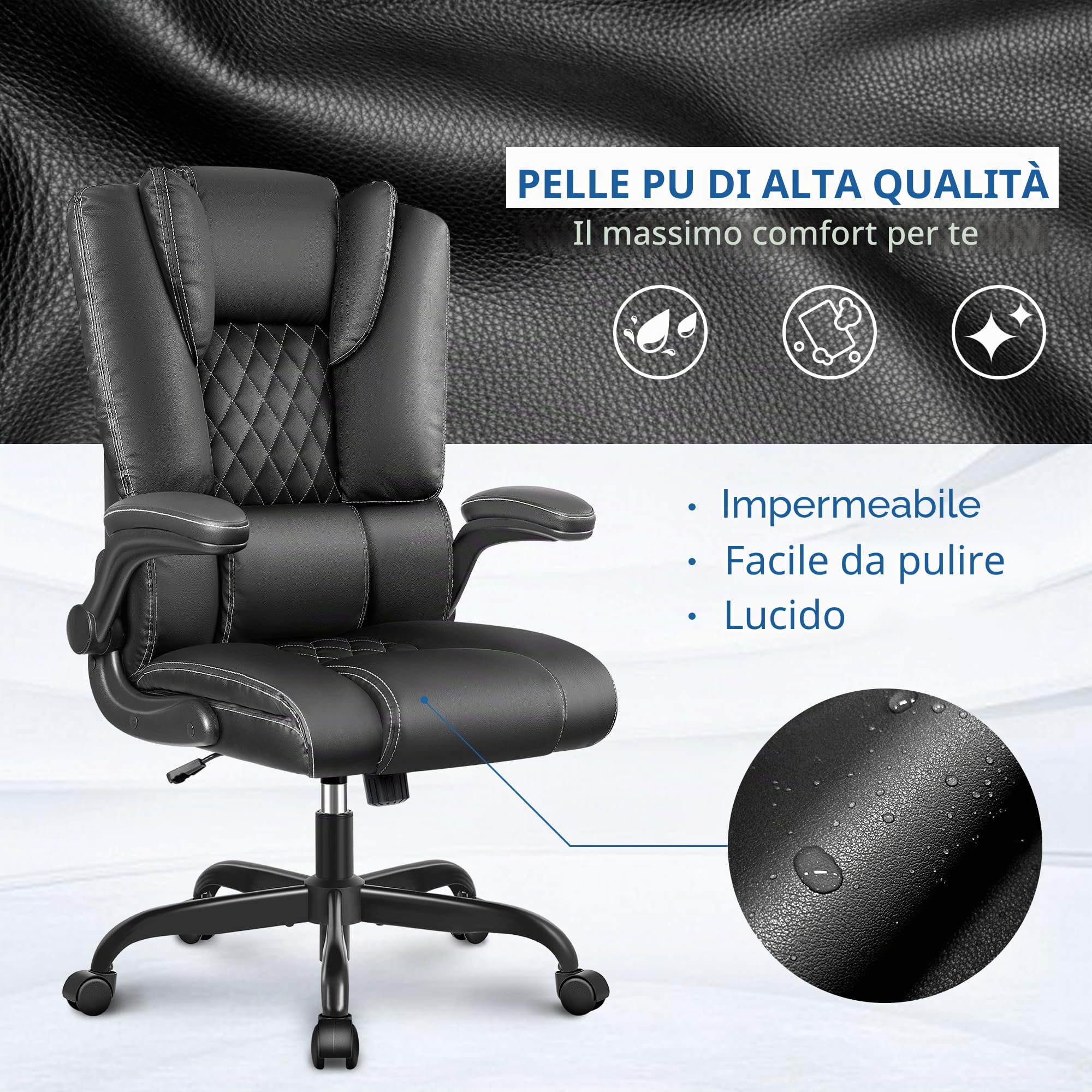sedia ufficio ergonomica, sedia ufficio direzionale con schienale regolabile e braccioli pieghevoli, sedia scrivania con schienale alto, rotazione a 360º e supporto lombare, nero