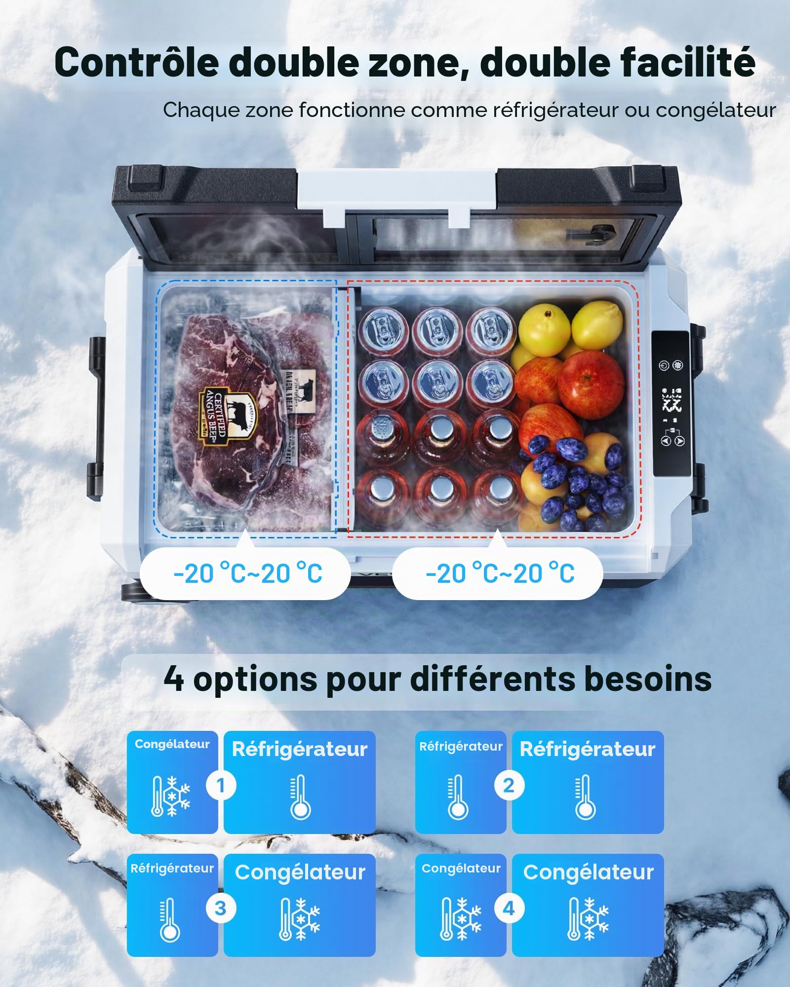 VEVOR Réfrigérateur Portable à Compression 55 L, Glacière Électrique DC 12/24 V et AC 100-240 V, pour Camping Pêche Caravane, Mini Frigo Voiture à Double Zone, -20 à 20 °C, Contrôle via Application