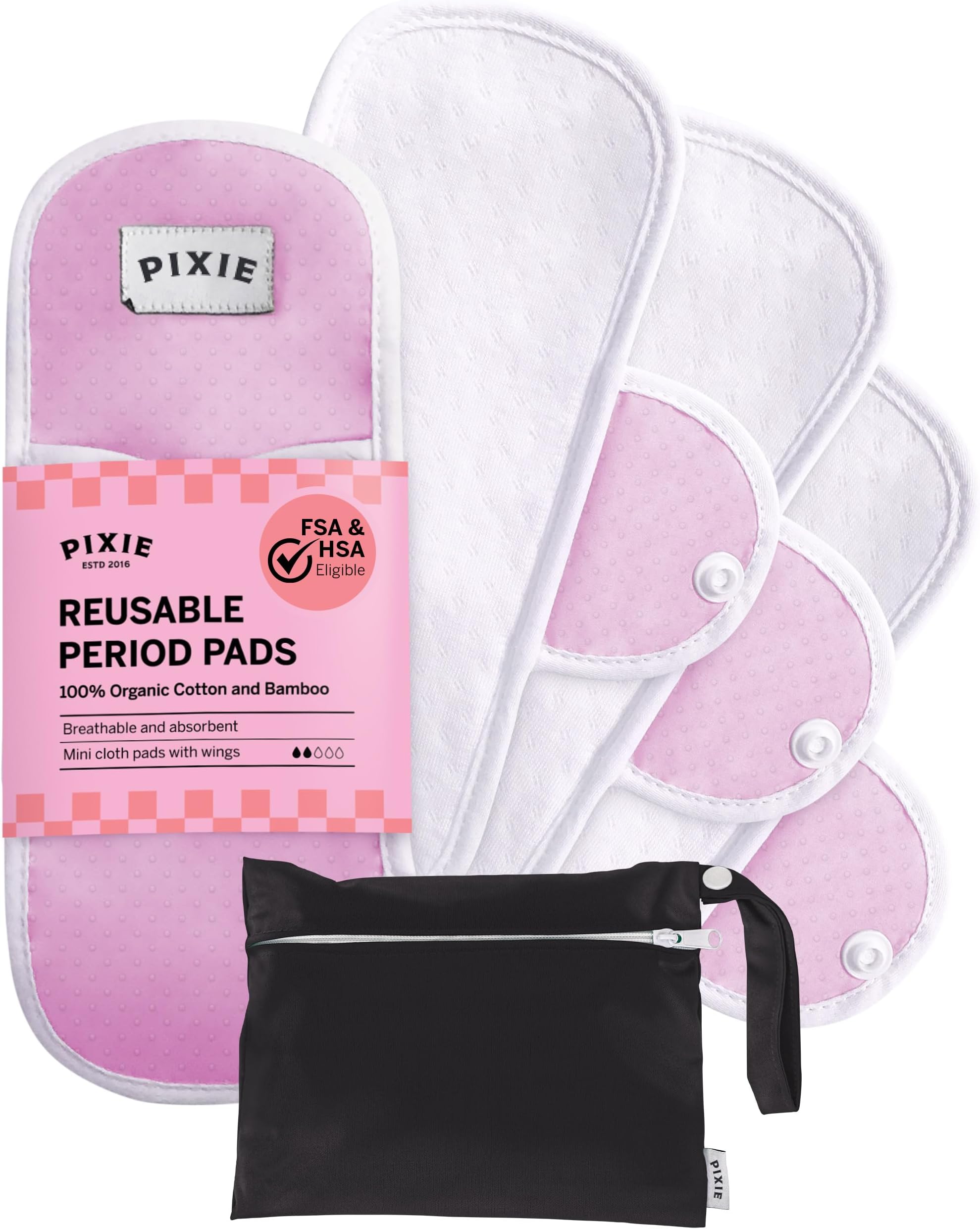 Pixie Cotton Cloth Pads for Feminine Care - 100% Organic Reusable Pads - Ranked 1 for Softest Menstrual Sanitary Napkins - Machine Washable & Includes Free Wet Bag - Menstrual Liner (Mini)