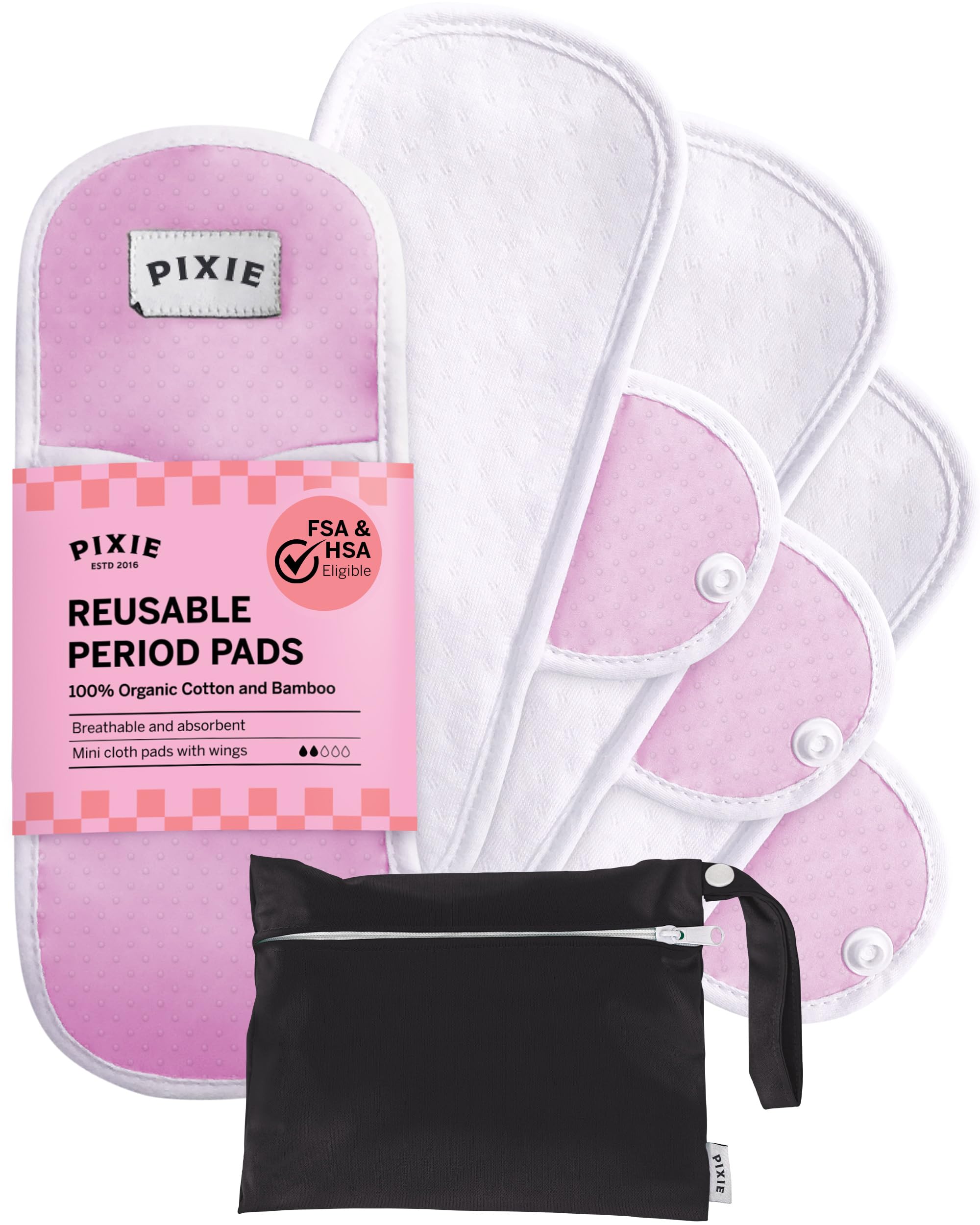 Pixie Cotton Cloth Pads for Feminine Care - 100% Organic Reusable Pads - Ranked 1 for Softest Menstrual Sanitary Napkins - Machine Washable & Includes Free Wet Bag - Menstrual Liner (Mini)