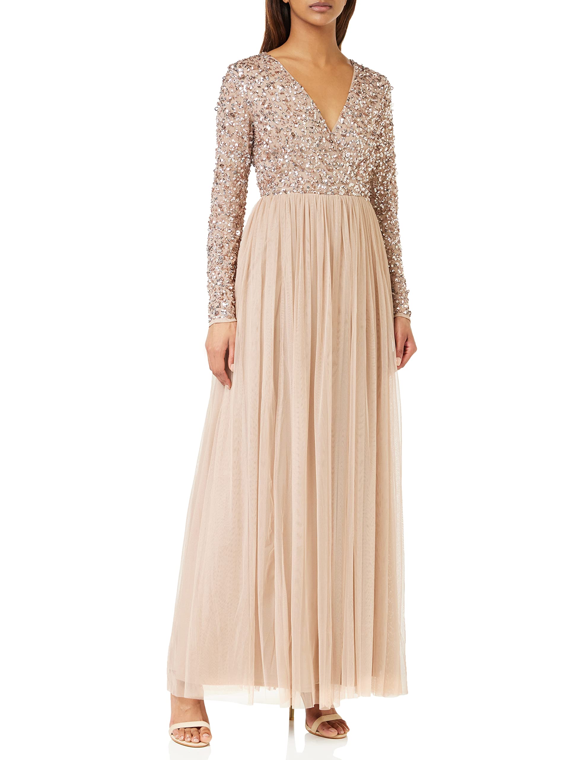 Maya Deluxe Ladies Maxi Dress for Women with Long Sleeves V Neckline Plunging Sequin Embellished for Wedding Guest Bridesmaid Prom Taupe Blush Size 6