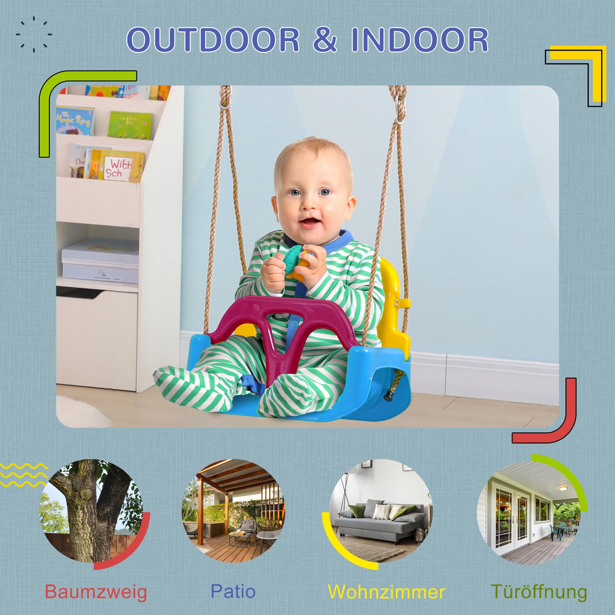 Outsunny columpio de bebé para exterior 3 en 1, columpio infantil con cuerda ajustable, altura regulable 120-180 cm, asiento de columpio para niños a partir de 9 meses, columpio infantil para interior
