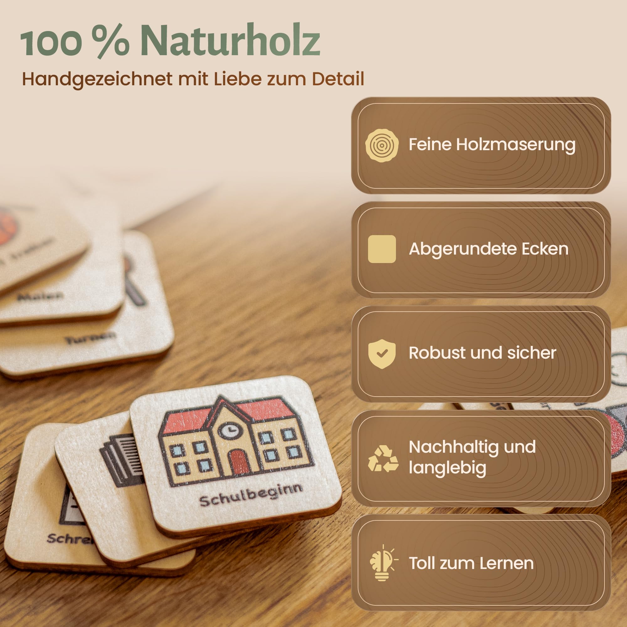 Premium Montessori Kalender & Tagesplaner Holz Kinder - Routinehilfe & Aufgabenplaner für Morgen, Mittag, Abend | Jahreszeiten, Feiertage, Wochentage | 100+ Symbole, Schieberegler & Box