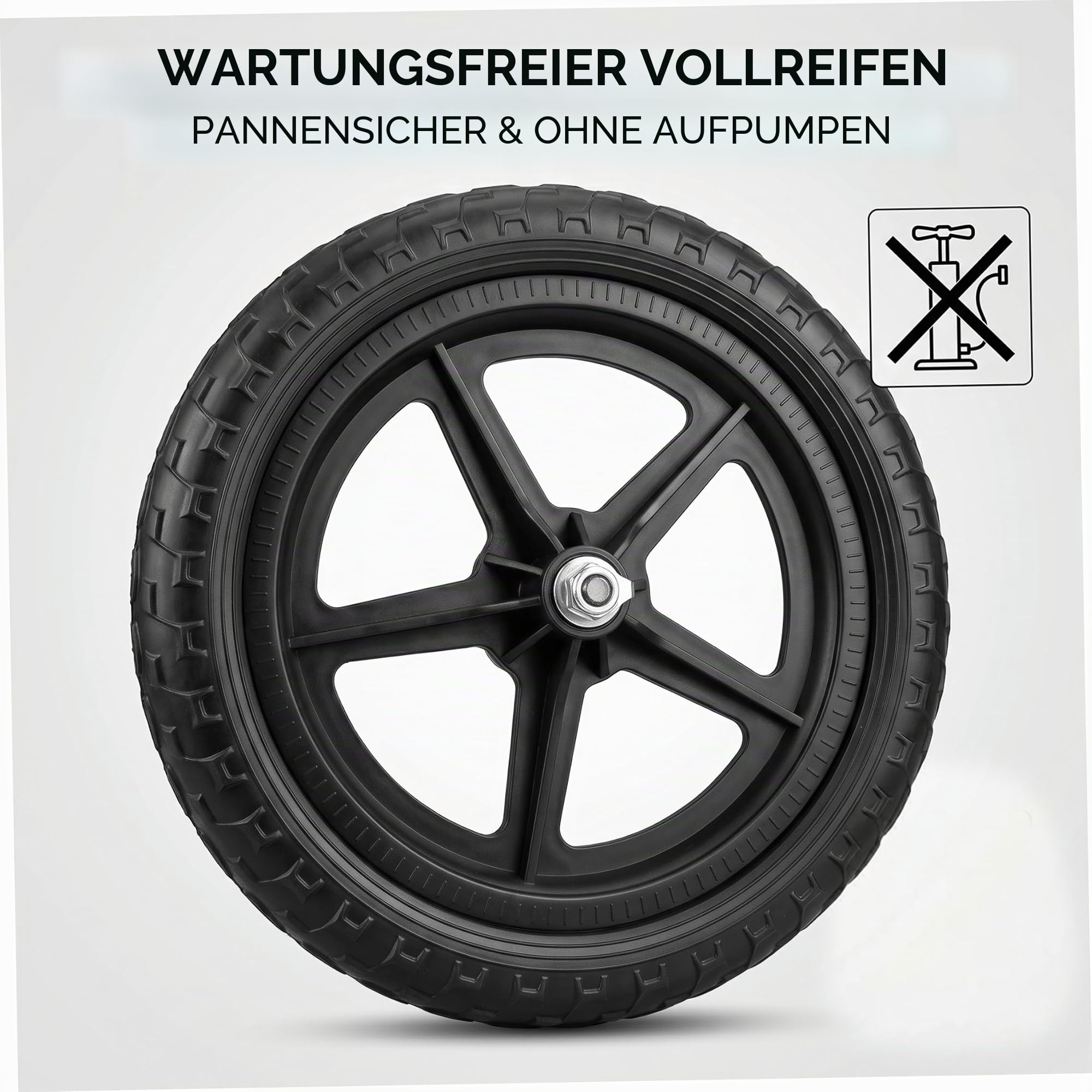 2er-Pack 12-Zoll-Laufradräder, inflationsfreies Kunststoffreifen-Set mit Fünf-Stern-Nabe, Schwarz, Ersatzräder für Kinder-Laufräder