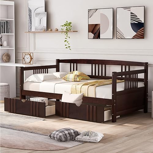 Merax Daybed Bed Wooden Slats Support Modern Living Daybed with Rails (Twin with Drawers, Espresso)