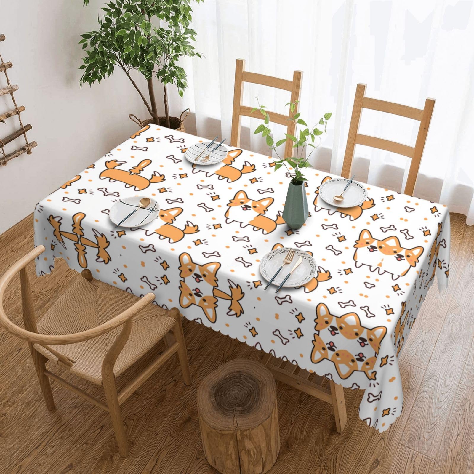 HLSBSSL Cute Corgi Patterned square lace tablecloth, wrinkle-resistant and durable, suitable for dining tables, parties, etc.