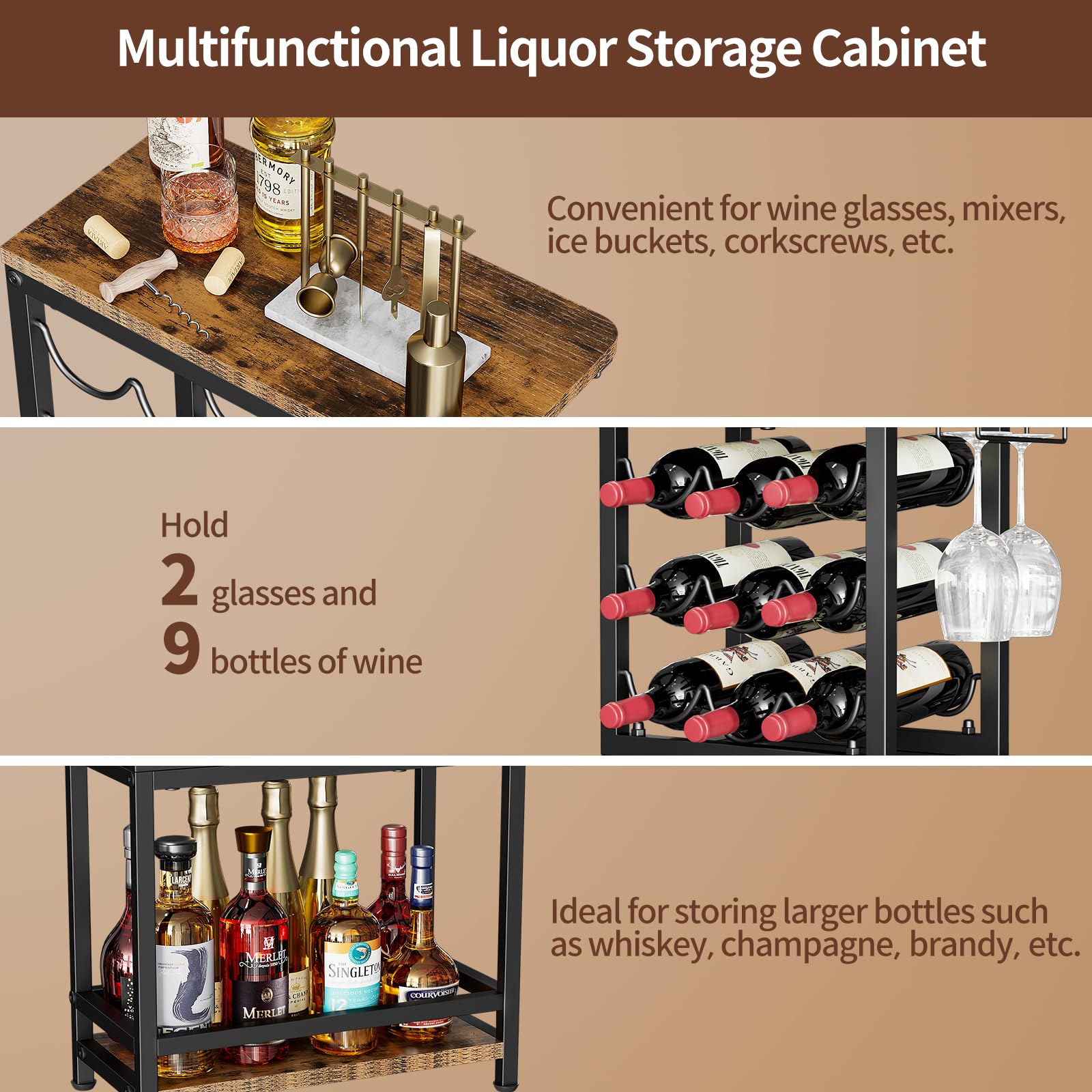 Nuovoware Botellero de Vino Pie, Botellero Vino 3 Niveles con Soporte para Copas, Versátil Soporte Licor para Bar en Casa, Mini Mesa Bar Esquina, Licor, Whisky, Marrón+Negro