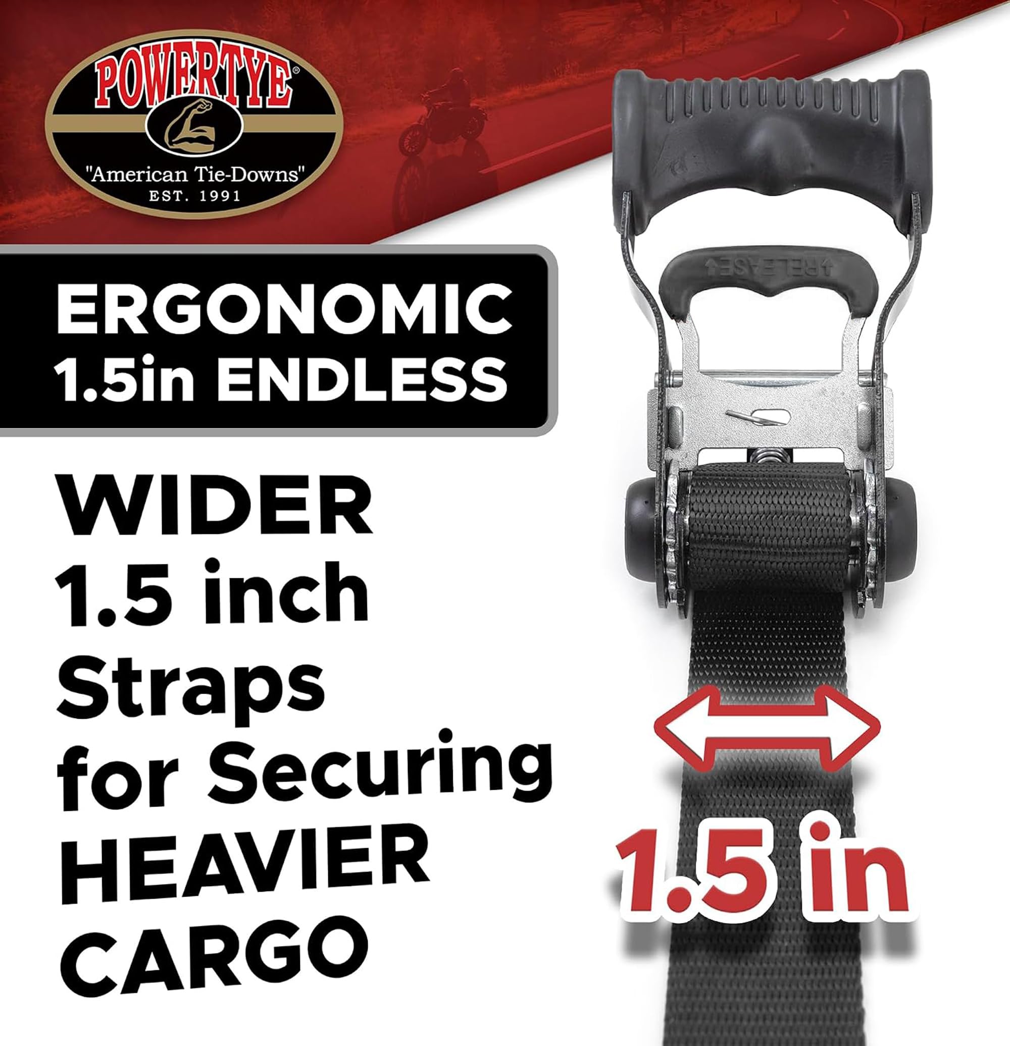 PowerTye Mfg Endlosratschen, 3,8 cm x 2,1 m ergonomisch ohne Haken, 362,9 kg Arbeitslast, Schwarz, 2er-Pack