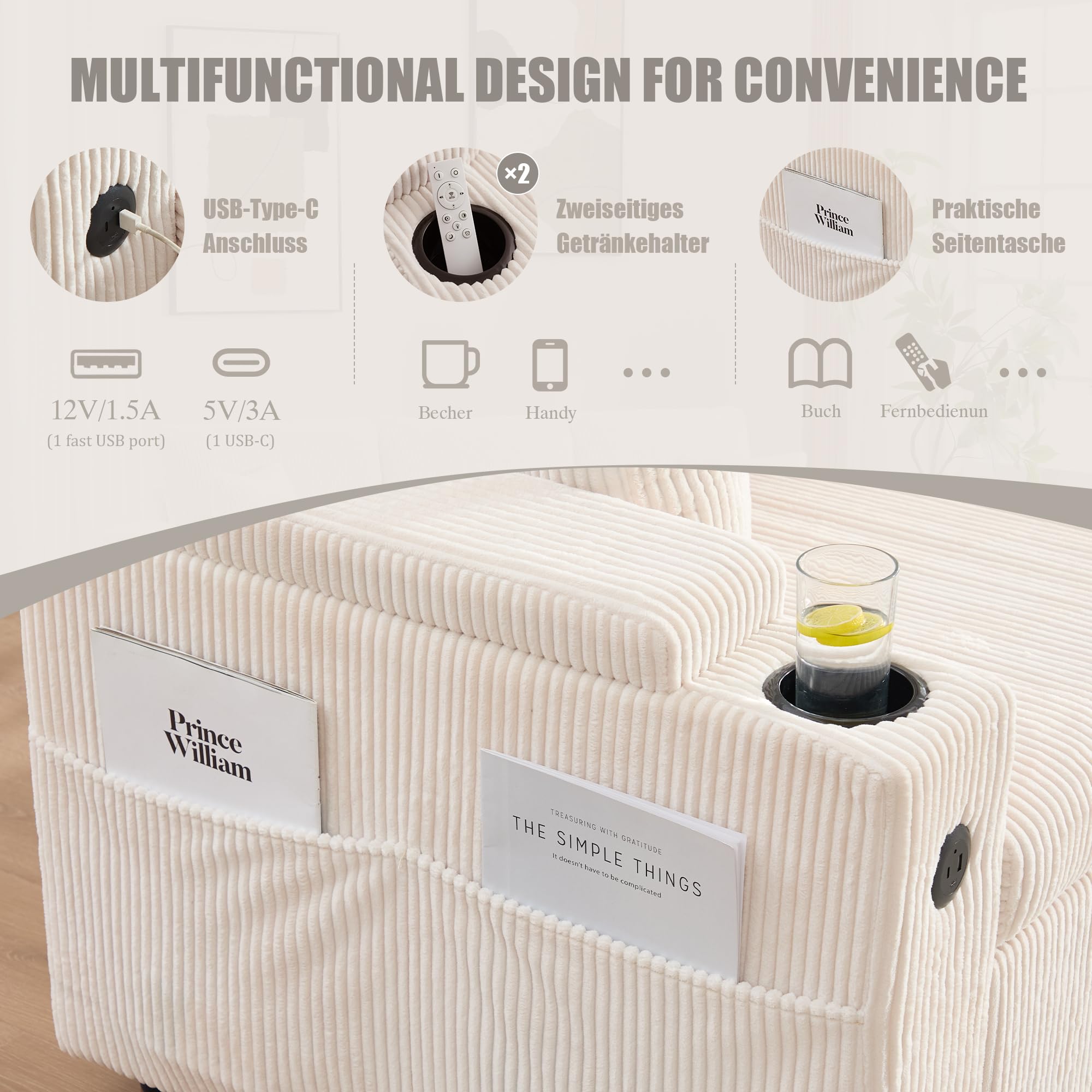 Sofá de 3 plazas con función de cama, chaise longue, espacio de almacenamiento, USB-C, sofá de pana, hidráulico, cama con cajón, soporte para bebidas