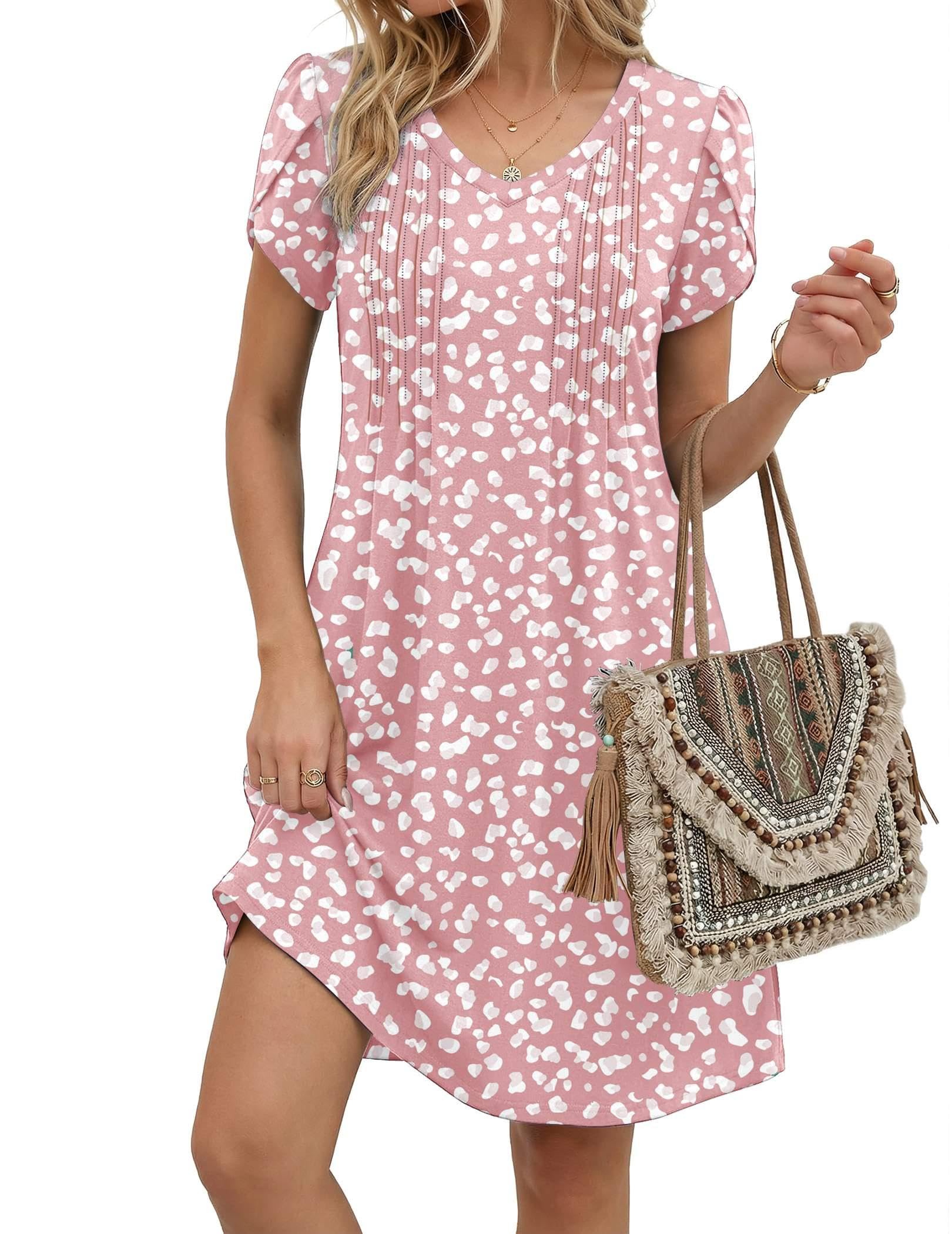 Zeagoo Summer Dresses for Women Casual A Line Dress 2026 V Neck Short Dresses Floral Sundress Pleated Boho Dress Pink Dot Large