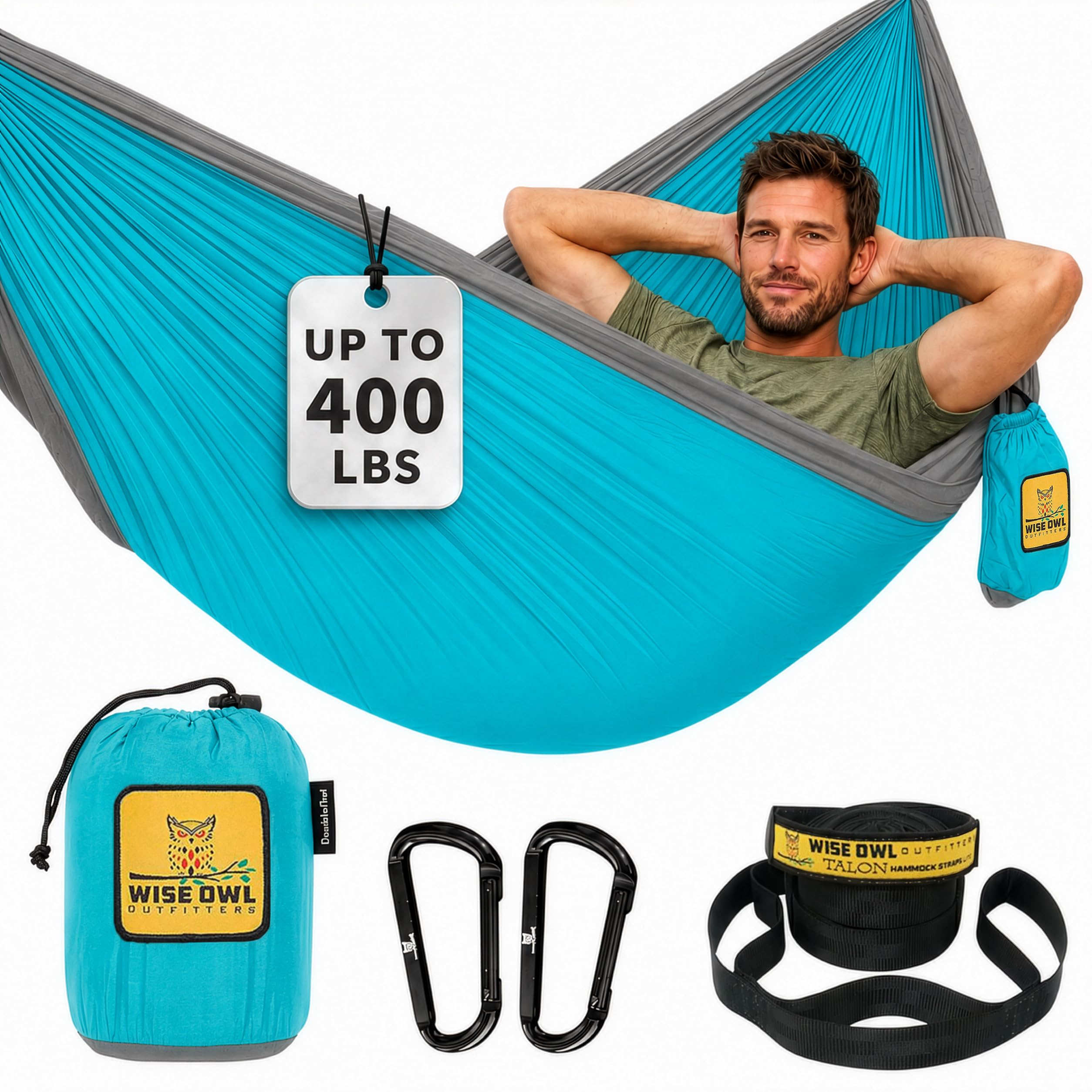 Wise Owl Outfitters Hängematte für Camping, Einzelhängematten, Ausrüstung für Outdoor, Rucksackreisen, Überleben oder Reisen, tragbar, leicht, Fallschirm-Nylon, Blau und Grau