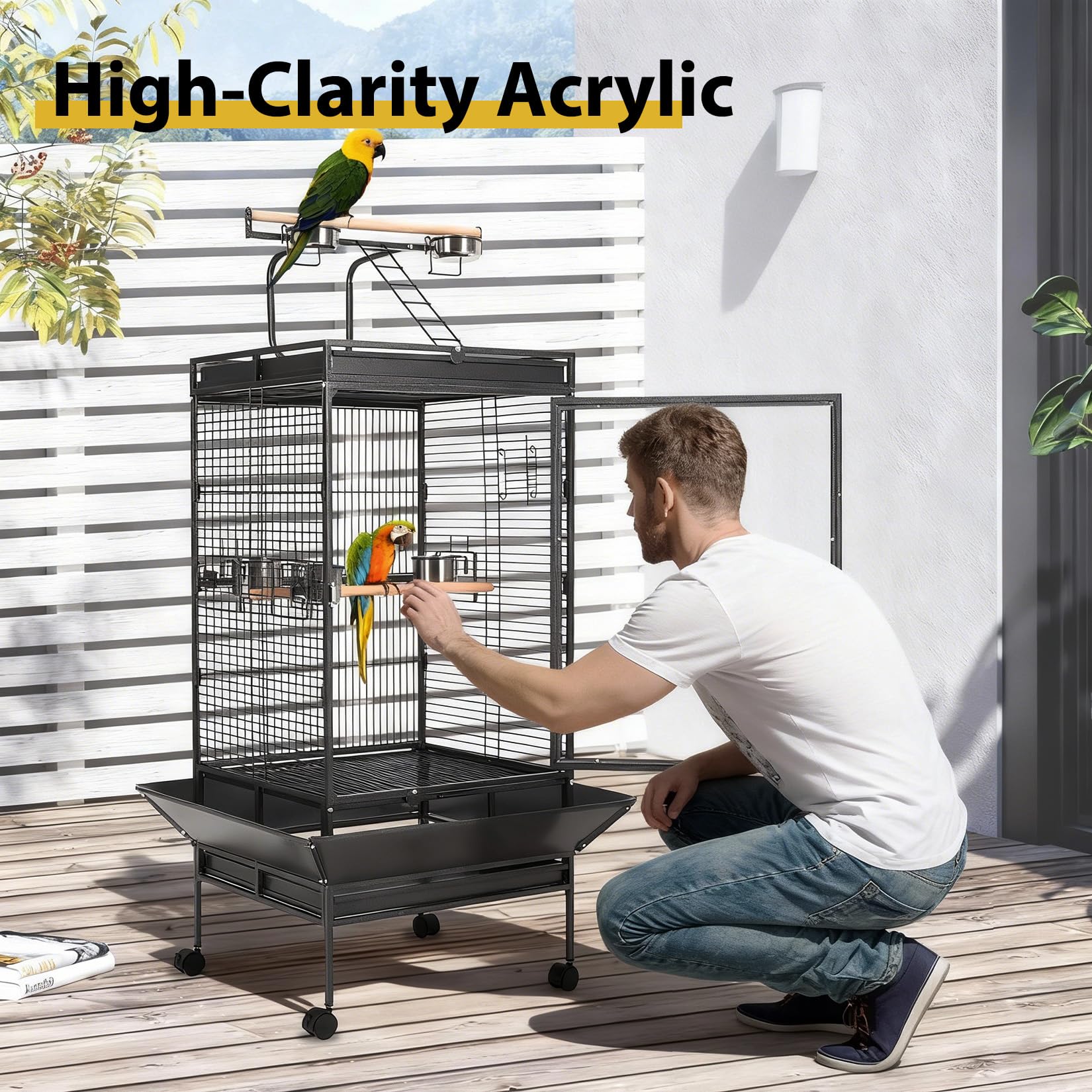 Grande Gabbia per Uccelli in Metallo con Porta in Acrilico,voliera su Ruote con Posatoi,Ciotole in Acciaio Inox,Vassoio Estraibile E Ruote per Pappagalli,cacatua,Ara Black 64.96 Inches