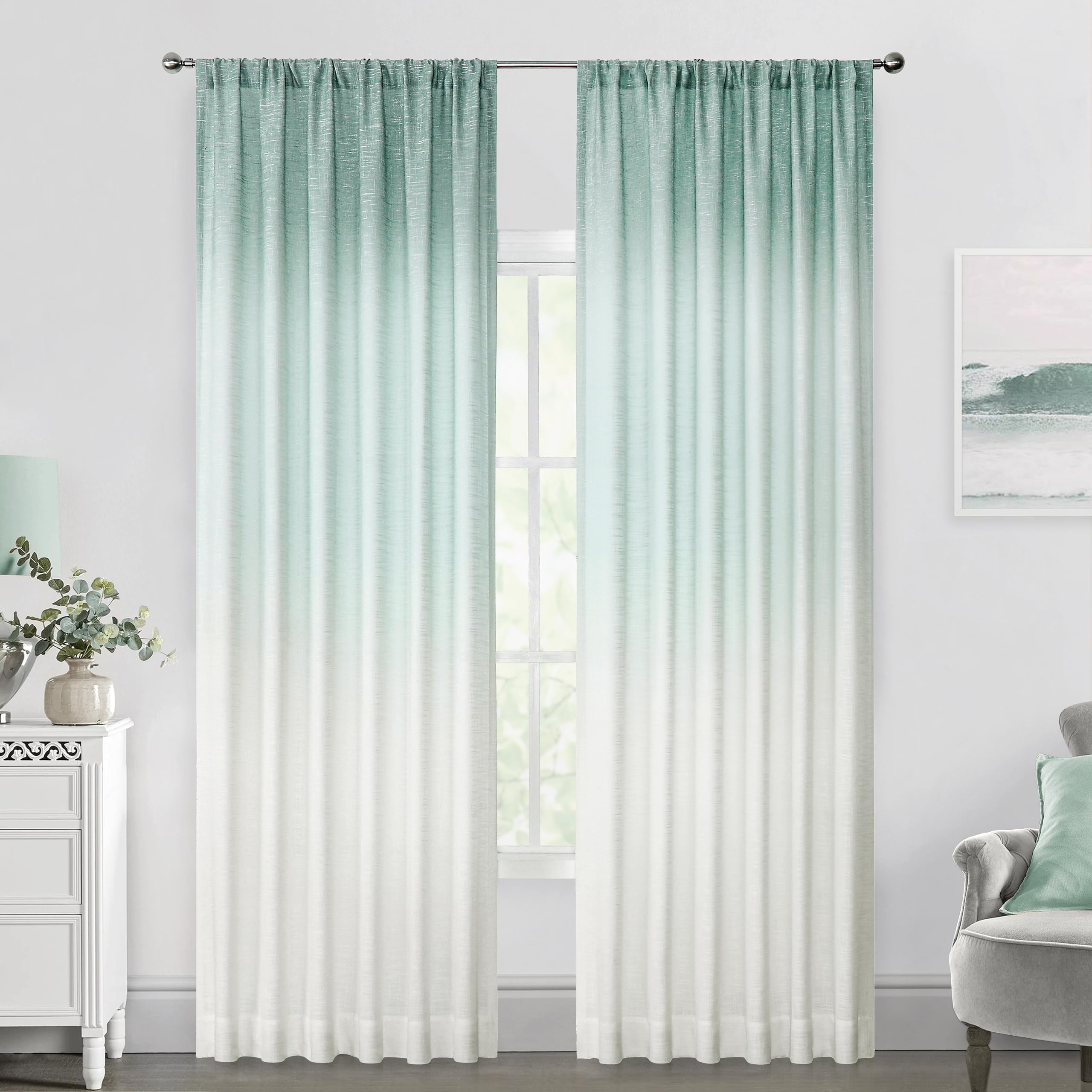 Vision Home Aqua Blue Ombre Window Curtains Linen Texture Gradient Light Filtering Semi Sheer Curtains 84 inch Length for Living Room Bedroom Rod