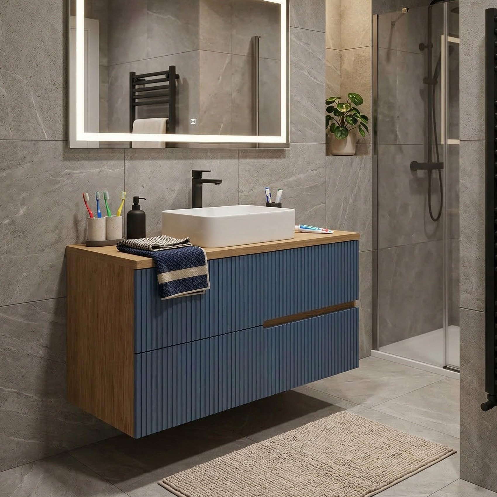 SANIVERRE EVA Meuble Vasque à Poser Suspendu L.100 cm Chêne Naturel 2 Tiroirs Bleu Mer Cannelé (sans Colonne) Salle de Bain
