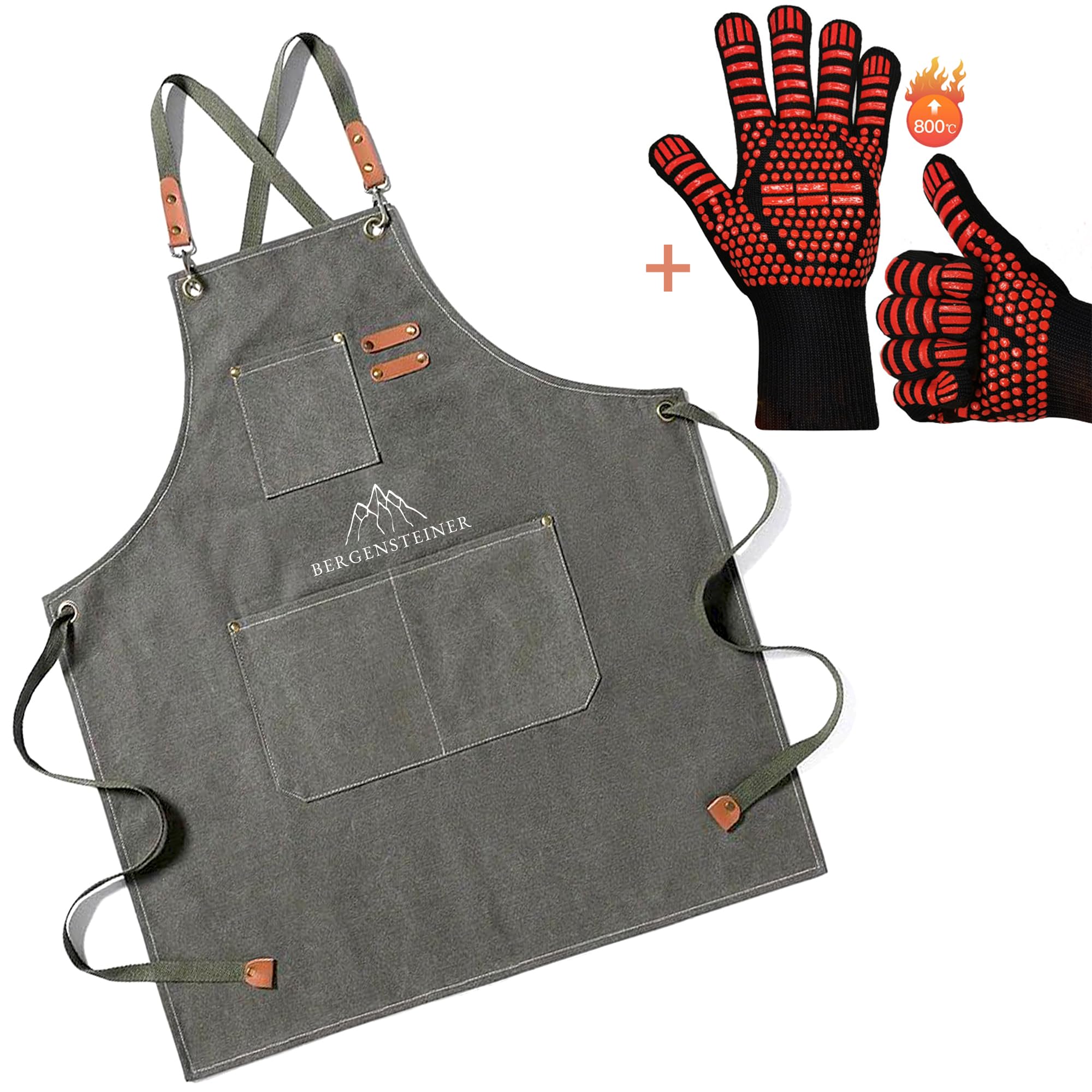 Grillschürze für Männer aus 100% Baumwolle | Premium Qualität, sehr robust | Küchenschürze, BBQ Schürze für Grill | Kochschürze Herren | inkl. Premium Grillhandschuhe