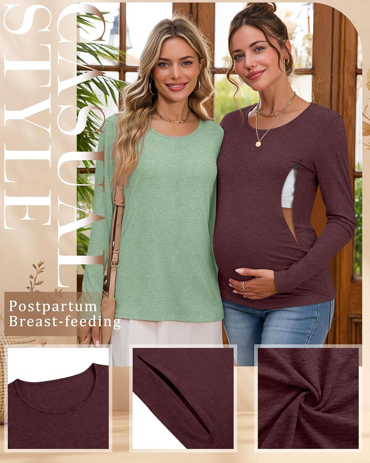 4 Pack Women's Cotton Nursing Tops Breastfeeding Maternity Hidden Zippers Crew Neck Long Sleeve Pregnancy Shirts - Image 3