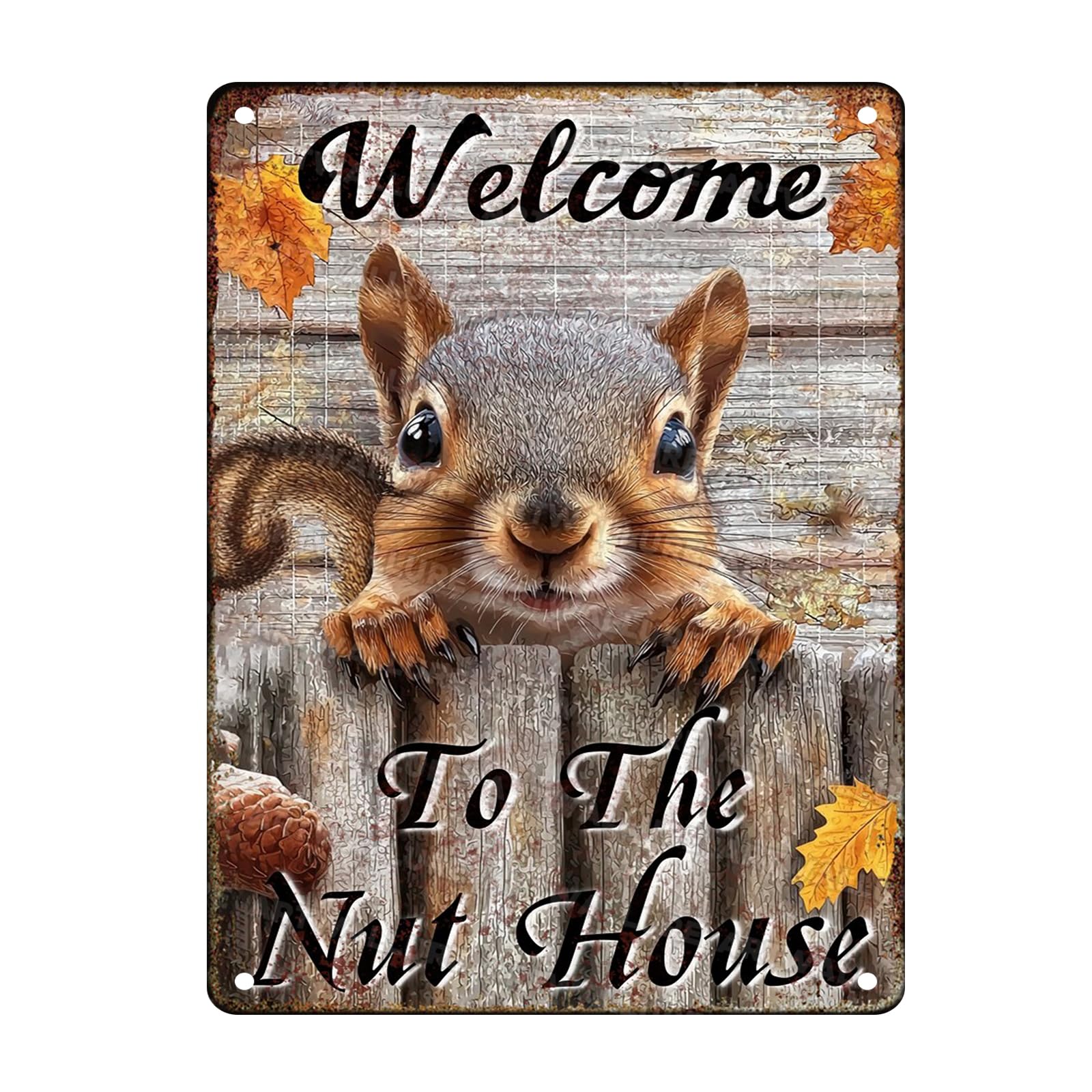 Anceky Tin Sign Welcome To The Nut House Squirrel Metal Signs Funny Wall Decor for Farmhouse Home Cafe Kitchen Garage Bar 12×8 Inch