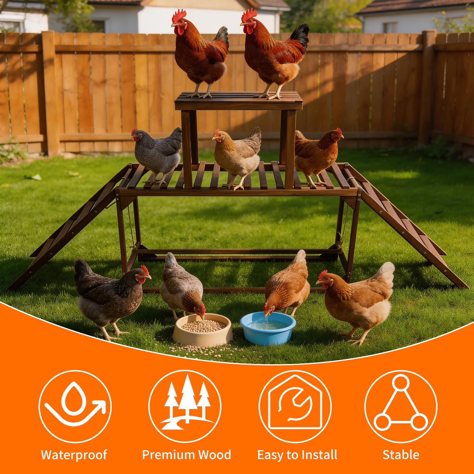 BingoPaw Percha de Madera para Gallinas con Escalera y Columpio, Perchero de Carbonizado para 8-10 Gallinas, Área de Pie Amplia, Resistente a la Corrosión, 200x30x89cm
