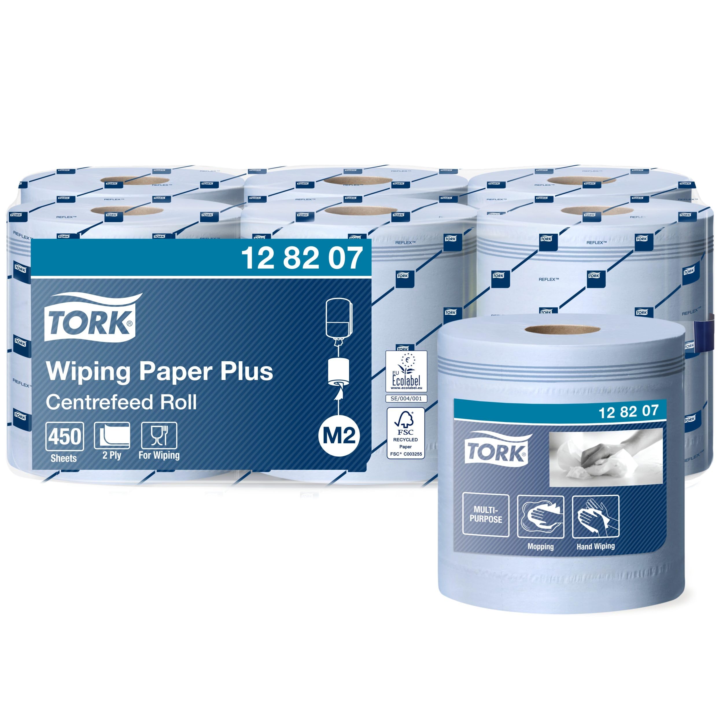 Tork 128207 Wiping Paper Plus / 2 Ply Absorbent, Recycled Paper Roll Suitable for Tork M2 Centerfeed System / 6 x 157.5m / Ø 19cm