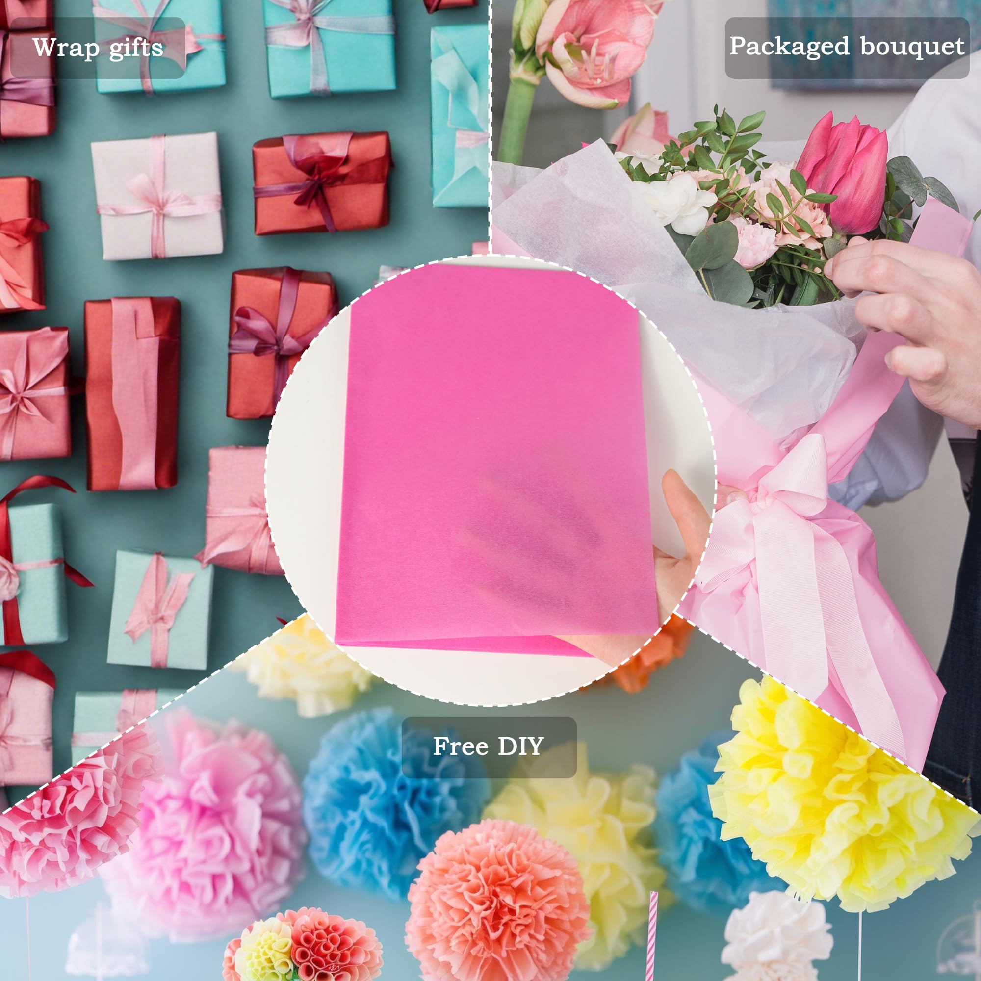PINWATT- Papel de seda rosa de 1000 hojas de 20 x 15 pulgadas a granel para bolsas de regalo: papel de seda para envolver regalos, cumpleaños, bodas, fiestas, manualidades, decoración, suministros par