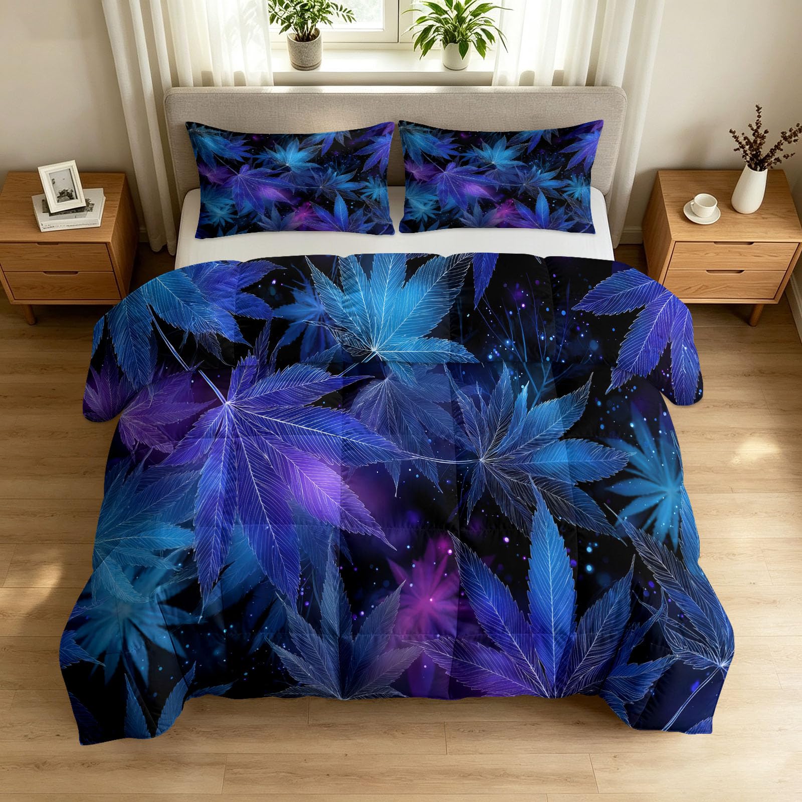 Générique Fantastico Misterioso Trapunta Cielo stellato Foglie Neon Trapunta Senza Fodera 140x200 cm 4 Stagioni Cooling, Trapuntato Morbido, Lavabile con 2 federe