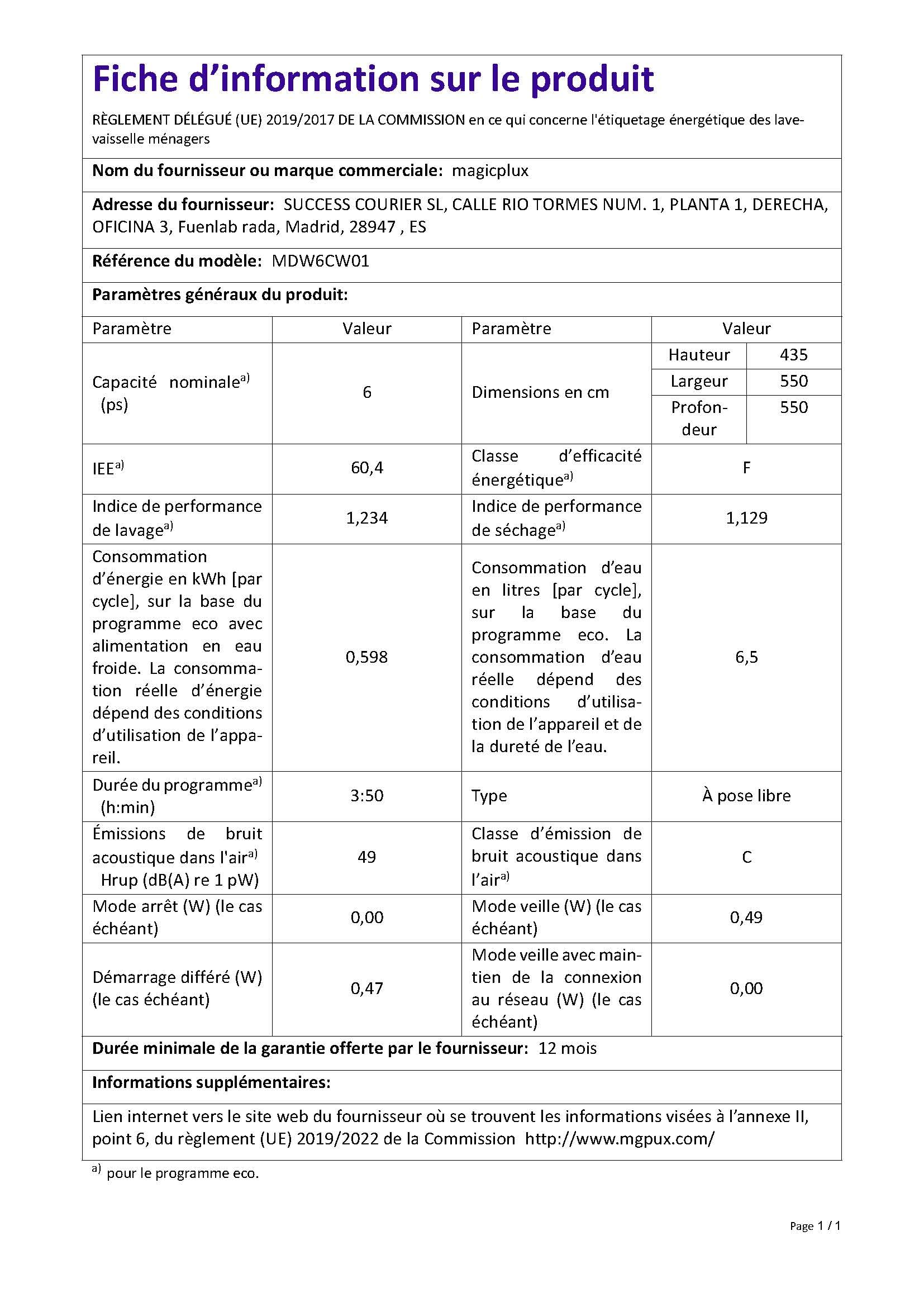 Magicplux Lave-vaisselle de table 7+1 Programmes Départ Différé Autonettoyant 6 Couverts Blanc