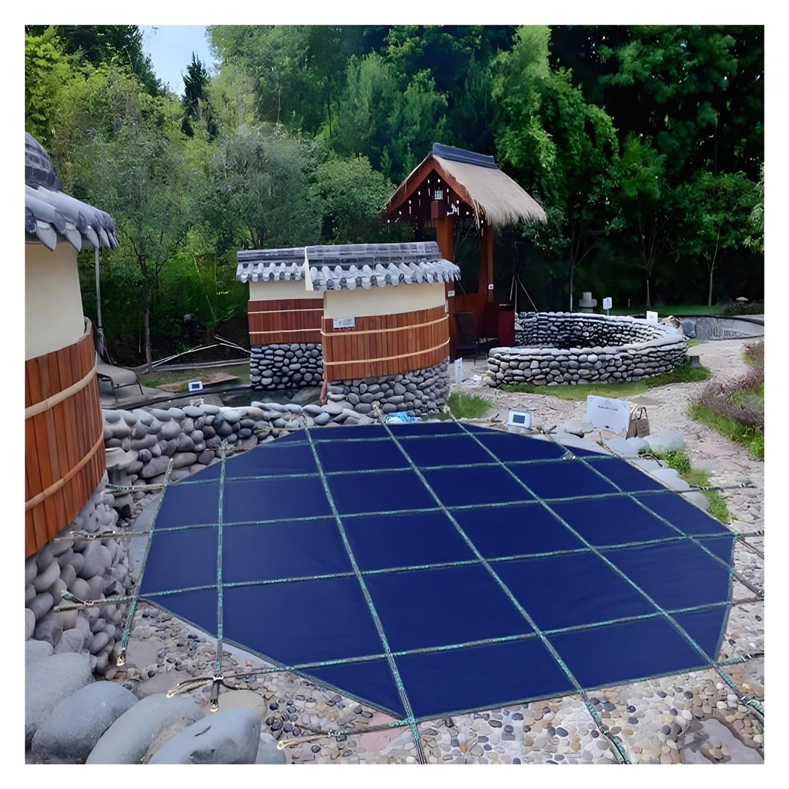 Couverture de Piscine 35ft Couvertures Rondes pour Piscines Creusées, Protecteur De Piscine Creusée avec Ancrages Accessoires D'installation, Couverture Filet pour Piscine(Blue,457cm/179.9in)