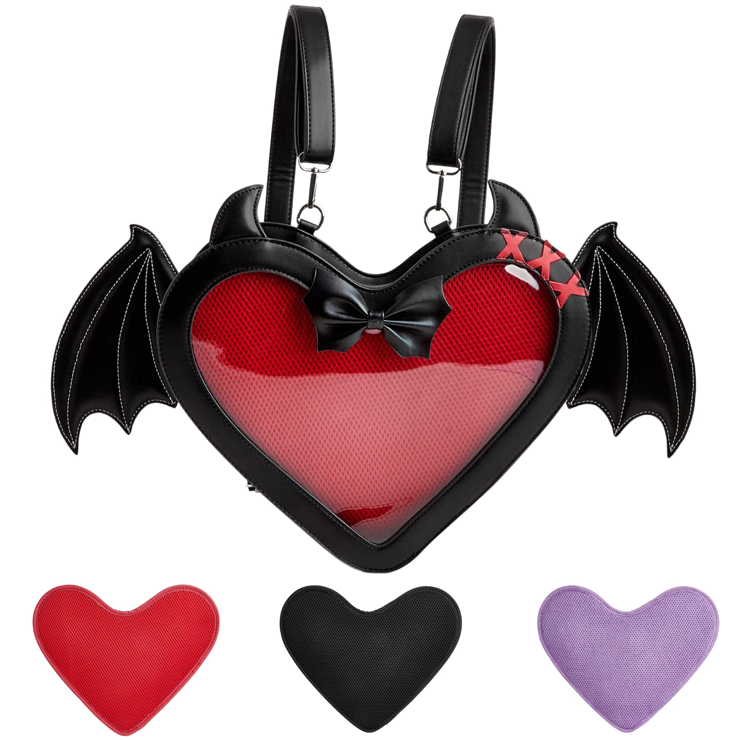 Gothic Dämonen-Herzförmiger Fledermausflügel-Rucksack für Frauen mit klarem Fensterdisplay, 3-Wege-Konvertible Neuheits-Schultertasche, Kawaii Goth-Accessoire