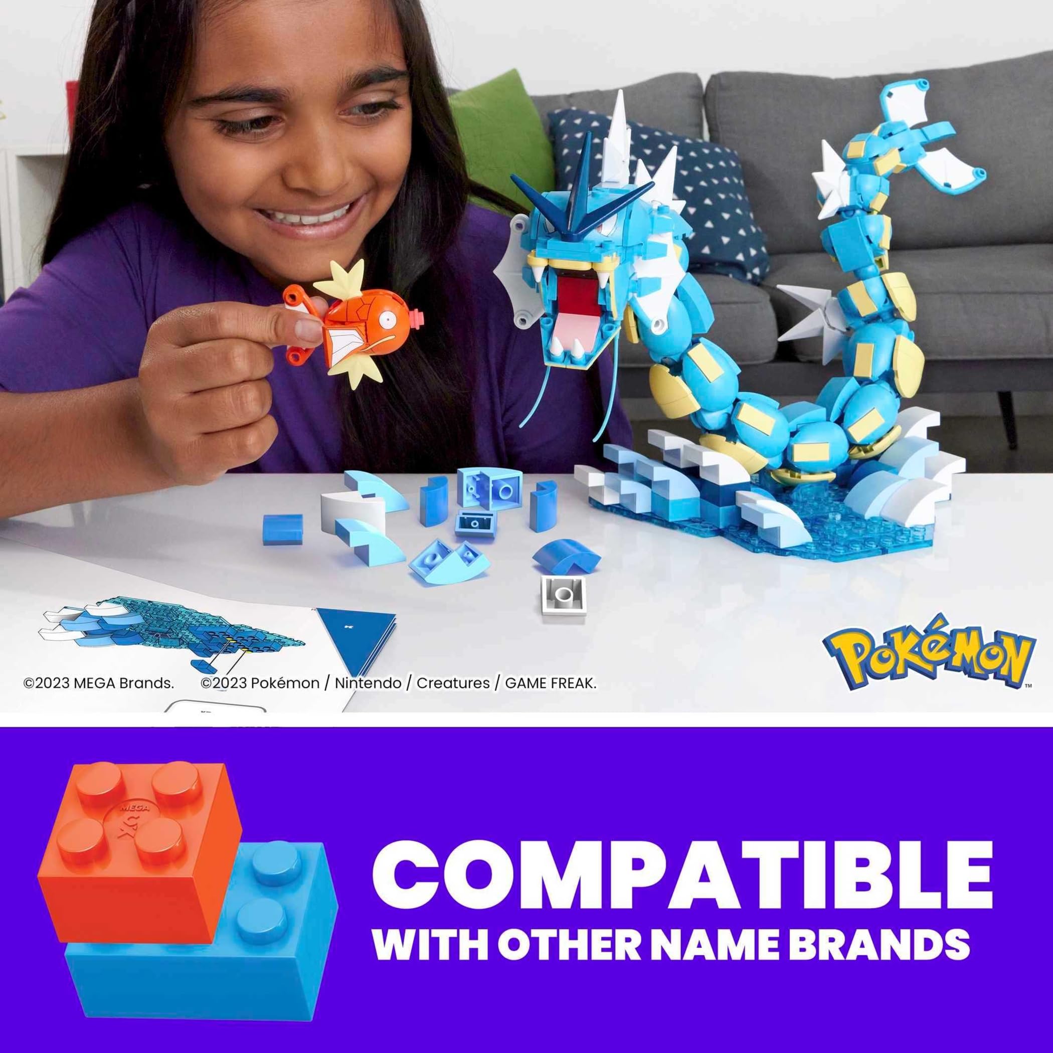 MEGA Pokemon Ewolucja Magikarpa Zestaw klocków (411 elementów), Gyarados (50 cm długości) do ustawiania w różnych pozach, HNT95