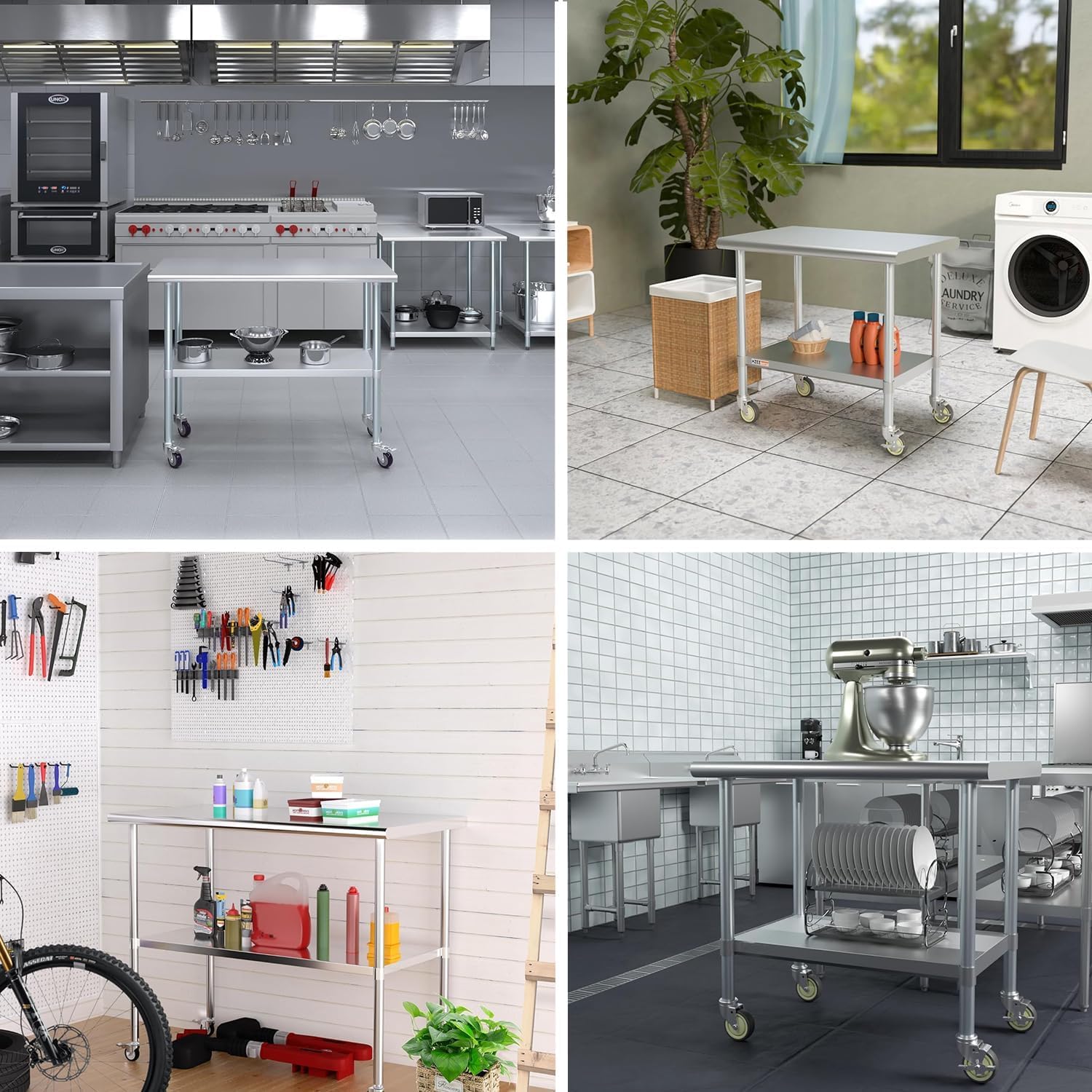 Edelstahl Küche Arbeitstisch Tisch 76x60x85cm ，2 Ebenen, mit Rollen, für Lebensmittelzubereitung Küche & Ablagefläche Multifunktionale Gastro Zubereitungstisch Grilltisch