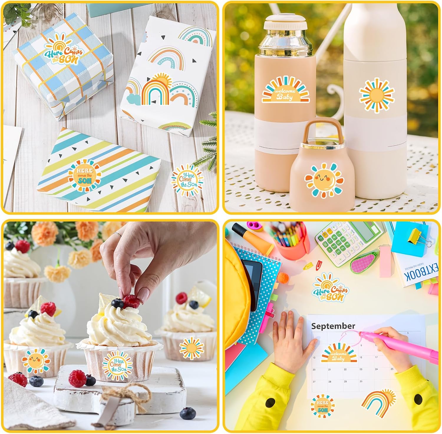 JarThenaAMCS 1000Pcs Boho Rainbow Decal Here Comes The Son Adhesive Sealing Labels First Trip Around The Sun Sticker for Baby Shower Birthday Party Favor, 8 Design - Image 7
