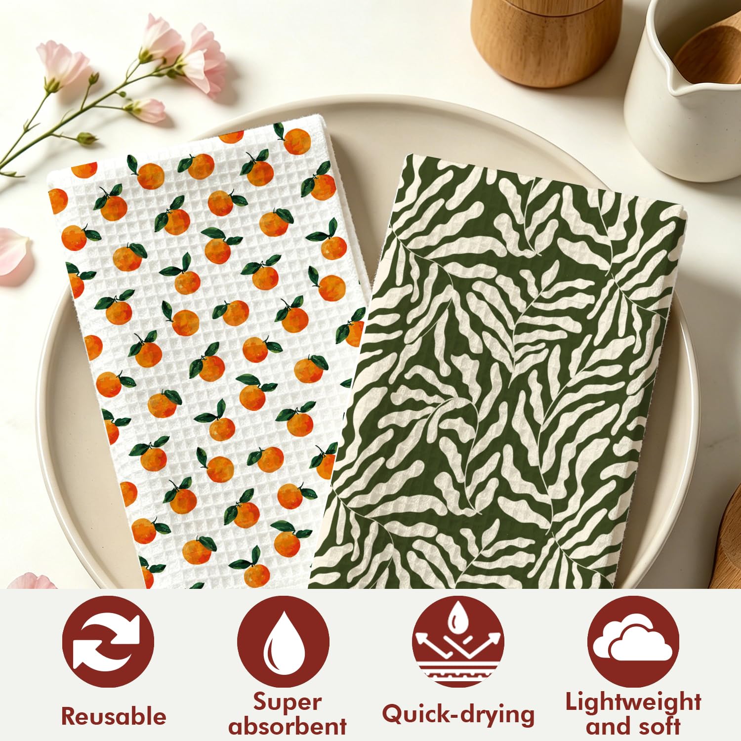 PLIGREAT Confezione da 2 strofinacci da cucina a nido d'ape, con motivo a foglie, in cotone, colore arancione, assorbenti, ad asciugatura rapida, in microfibra sostenibile, 40 x 72 cm