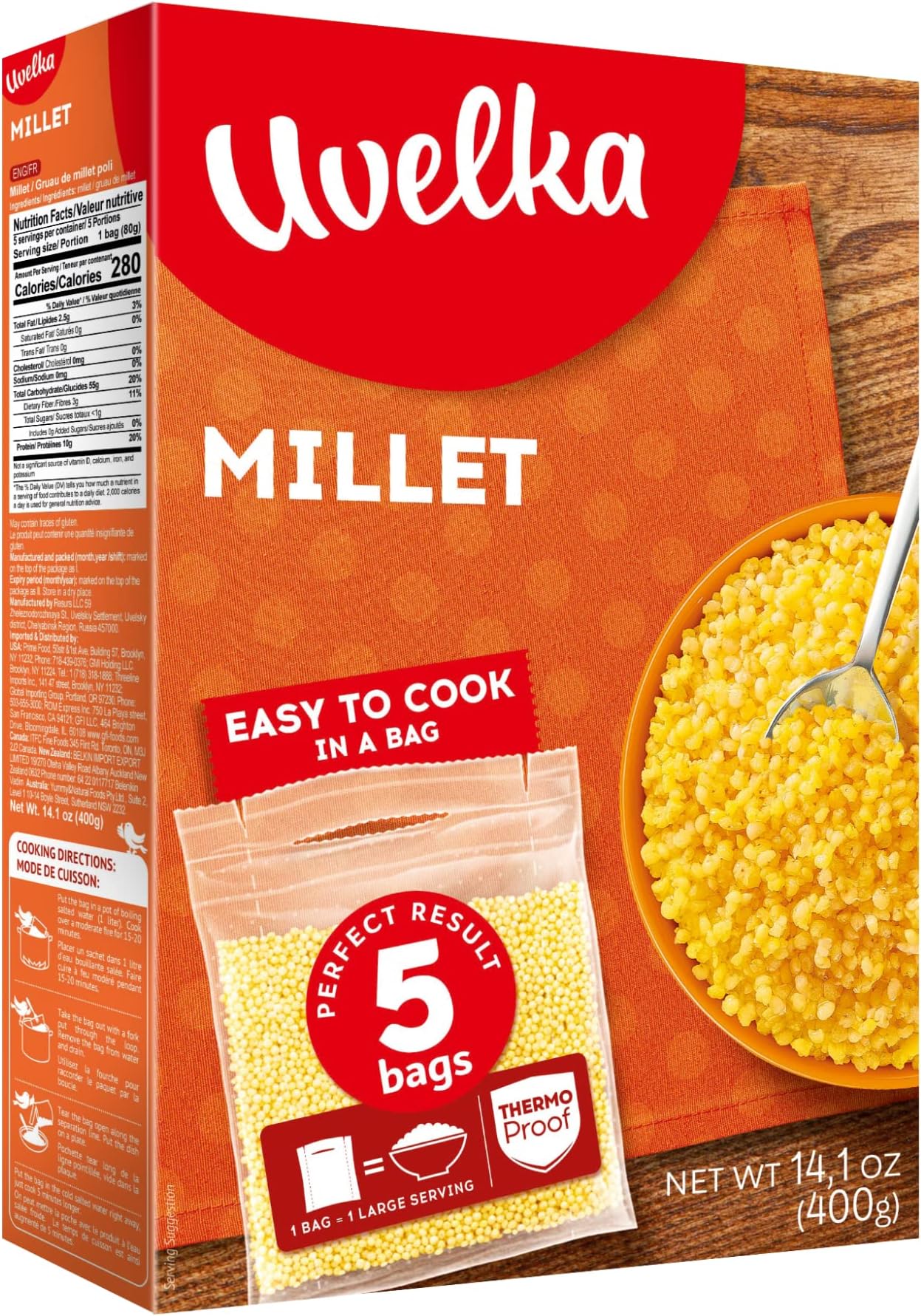 Uvelka Millet Boil-in-Bag Psheno - 5x80g (14.1 oz), From Russia, Kosher, Pack of 1