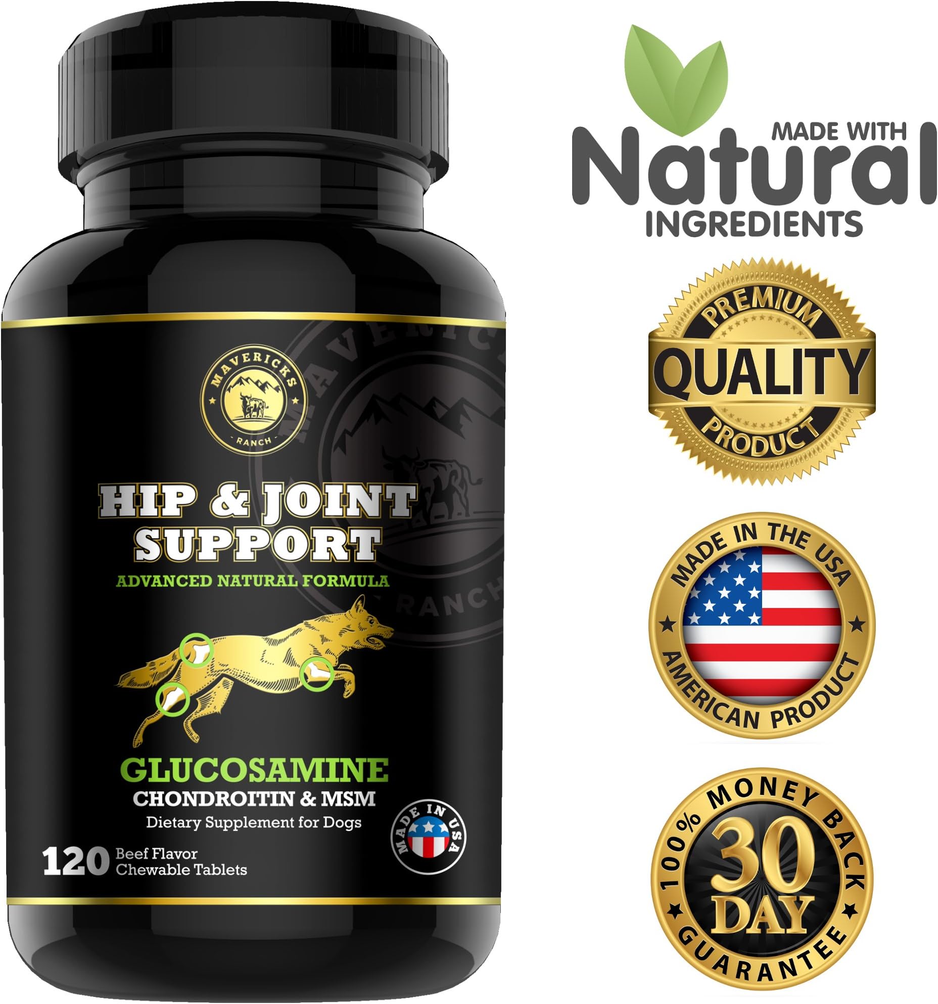 Mavericks Ranch Hip and Joint Supplement For Dogs | Best Canine Glucosamine Chondroitin, MSM & Vitamins C & E | 30-120 Day Support | 100% Natural & Made In USA | FDA | Chews Treats