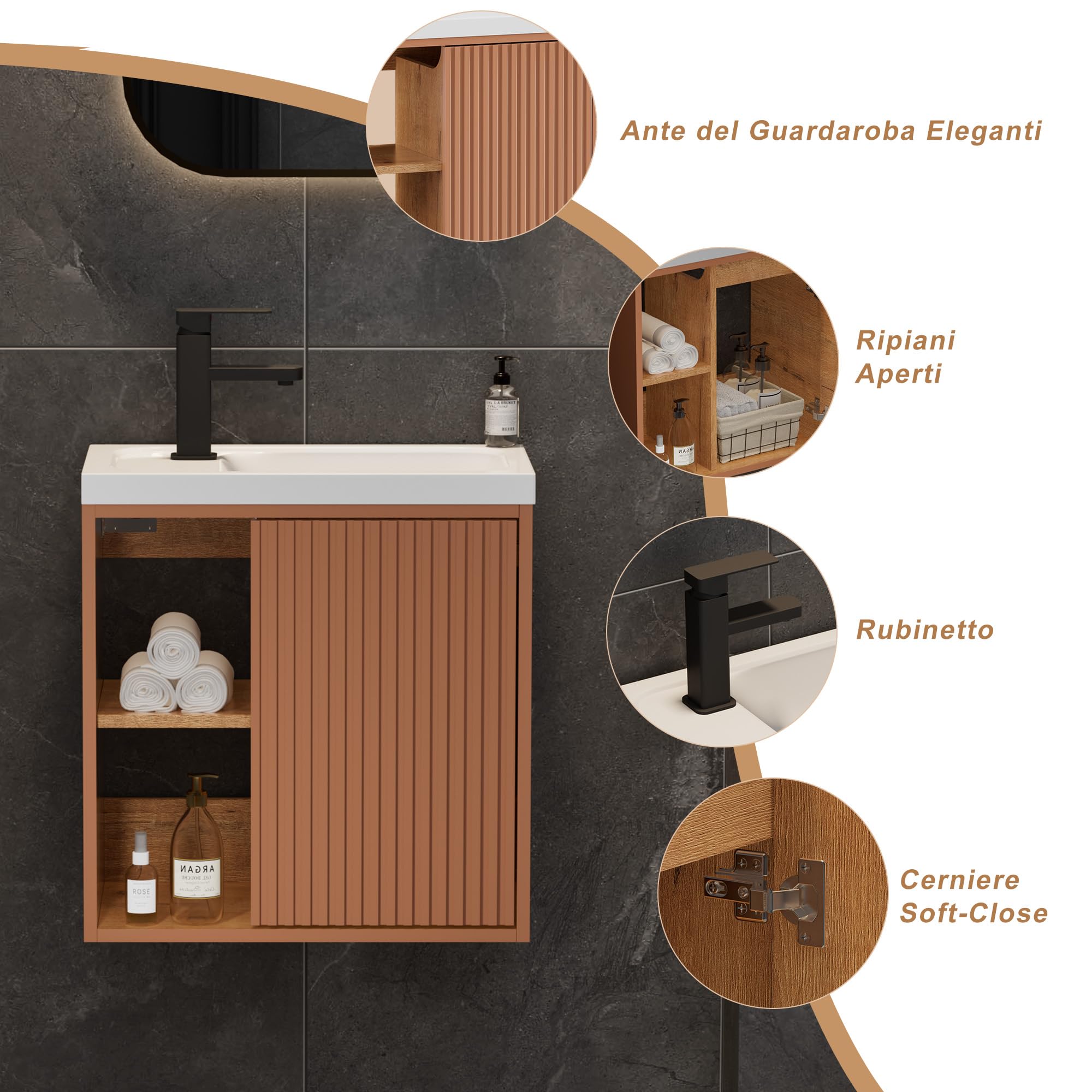 UEV Mobile Bagno con Lavabo in Resina, Mobiletto Bagno Sospeso con Unico Design e Praticità, Motivo a Righe Verticali, 50,5 x 30 x 50 cm, Rosa