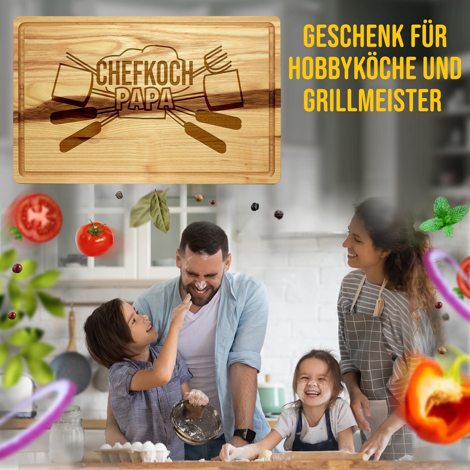 Großes Holzbrett mit Gravur - Chefkoch Papa - Schneidebrett gravieren| Eschenholz, 40 x 25 x 2 cm, Geschenk mit Gravur, Geschenk für Papa