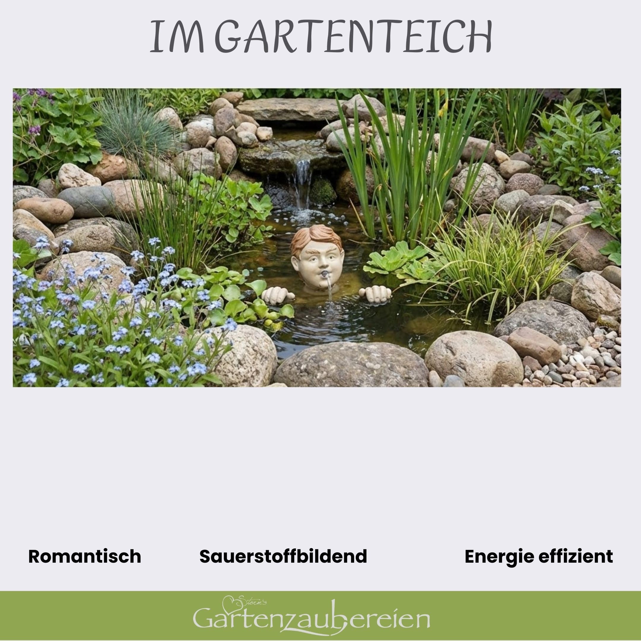 Storm's Gartenzaubereien Wasserspeier Kopf mit Händen Solar mit Akku Pumpe - Keramik Teichfigur fürMiniteich - Wasserspiel Garten Deko Gesicht - Set mit 6,5W Solarmodul
