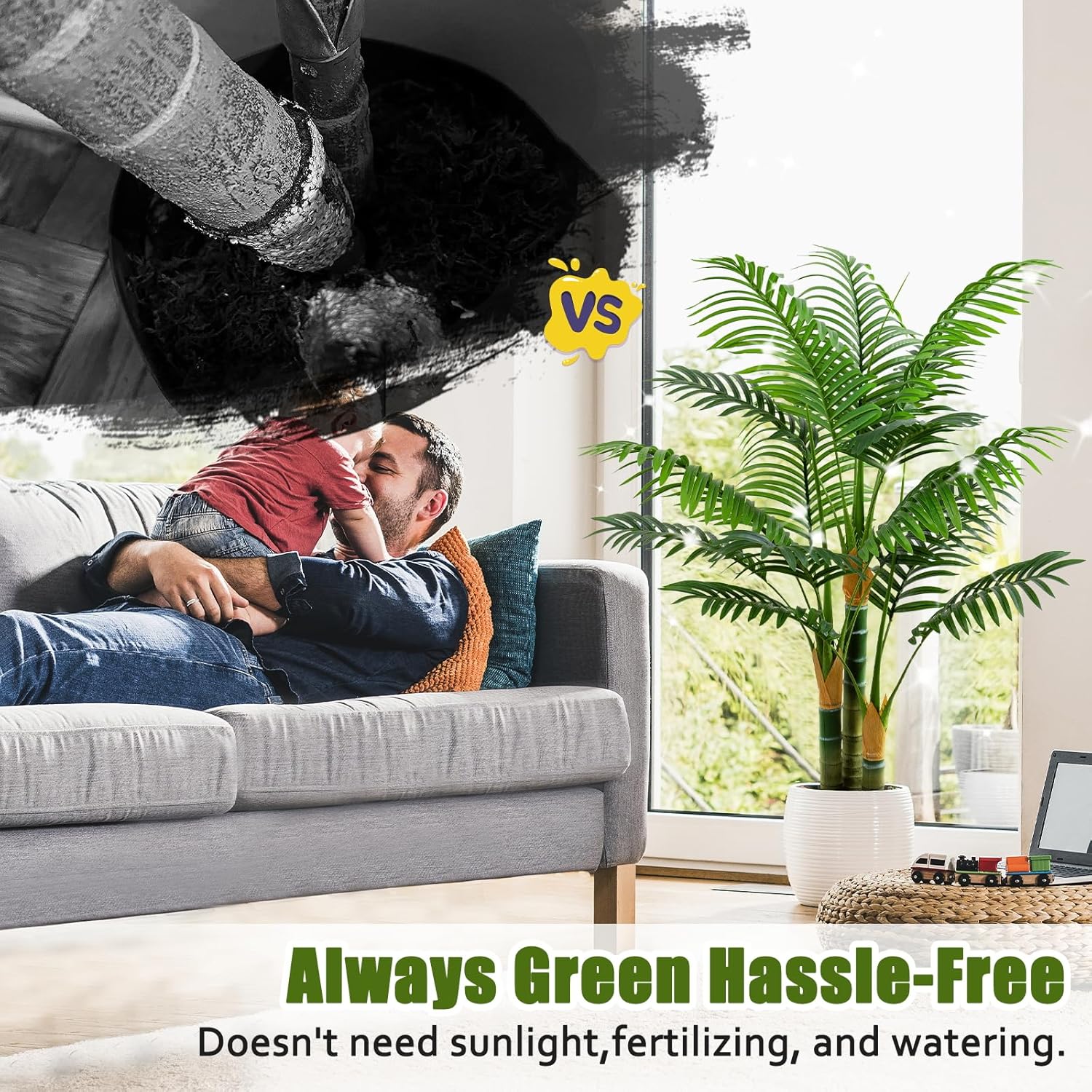 4ft Tall Golden Cane Artificial Tree Palm Outdoor, Large Artificial Plants Outdoor Faux Palm Tree with 3 Textured Trunks, Fake Tree for Indoor Outdoor Office Living Room Outside Patio