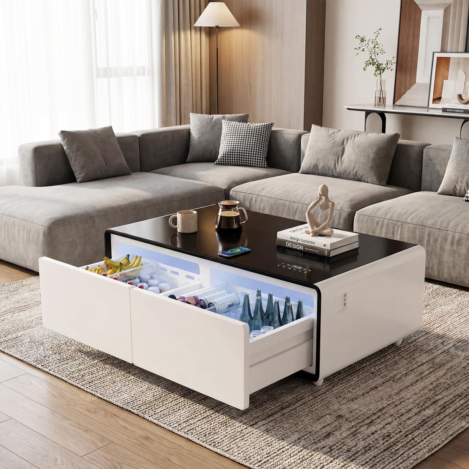 LIVTAB Smart Coffee Table, 27.7" D x 51" W x 18.1" H, Living Room Table with Built in Fridge and Speakers, Smart Table with 15W Wireless Charging, USB Chargers and 110V Outlets (White)