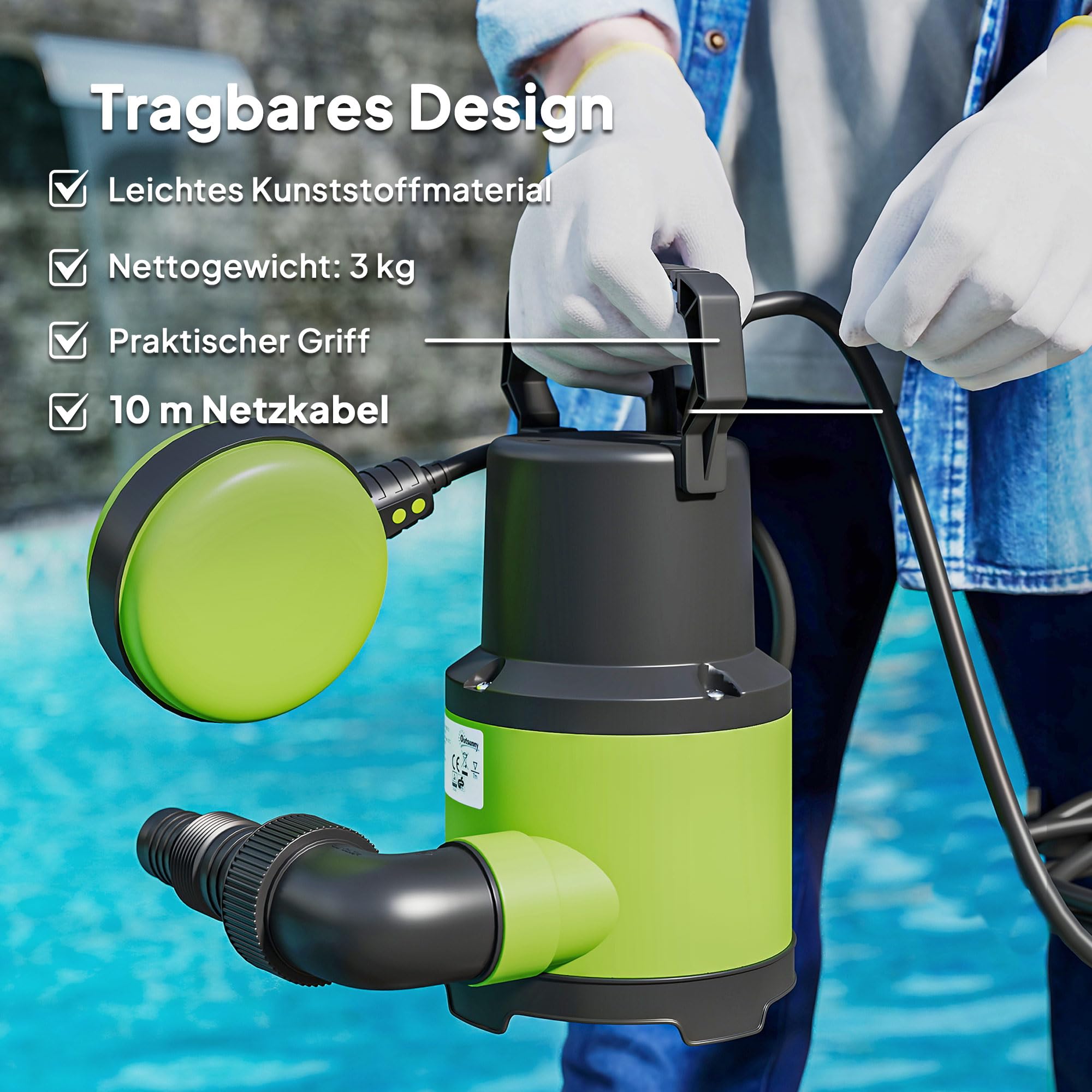 Outsunny Bomba sumergible para aguas residuales con interruptor de flotador, altura de extracción máx. 5 m, profundidad de inmersión máx. 7 m, 400 W, 9000 L/h, verde, 16 x 14 x 27 cm