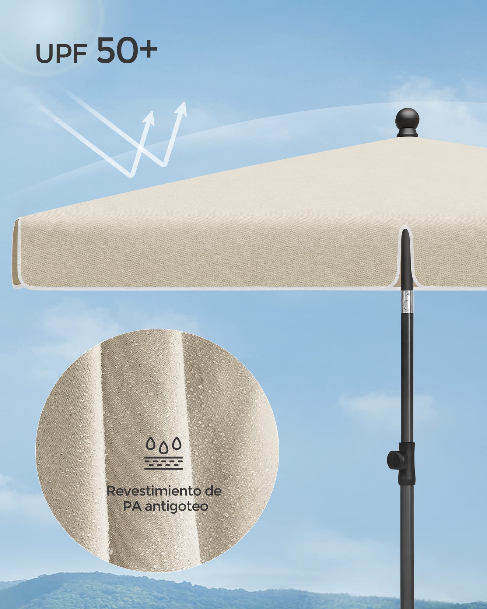 SONGMICS Sombrilla de Terraza 180 x 125 cm, UPF 50+, Inclinación Bidireccional de 30°, Altura Ajustable, con Bolsa de Transporte, para Balcón Jardín, sin Base, Beige GPU180M01