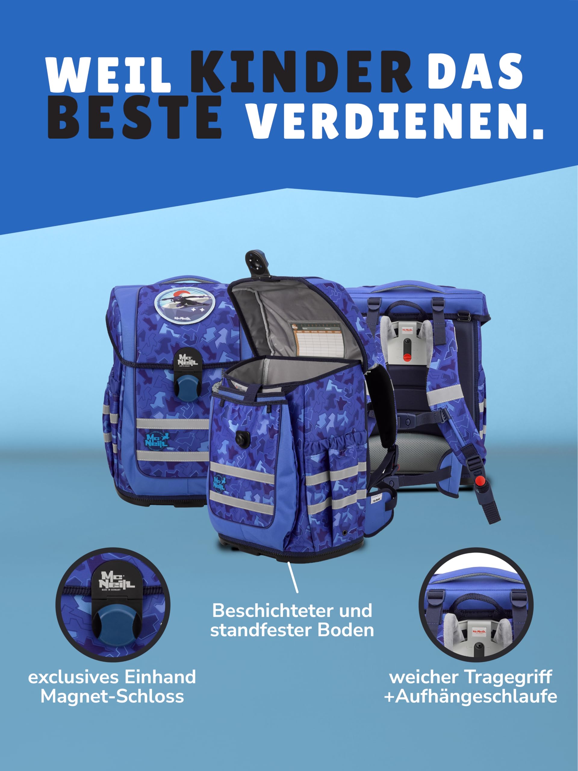 Familando - McNeill Ergo Complete Schulranzen Set - 10-teilig mit Schultüte - Puzzle - Ergonomisch & 3-Fach verstellbar - 1150g leicht mit 20L Volumen & Reflektoren - Für Grundschule ab 1. Klasse